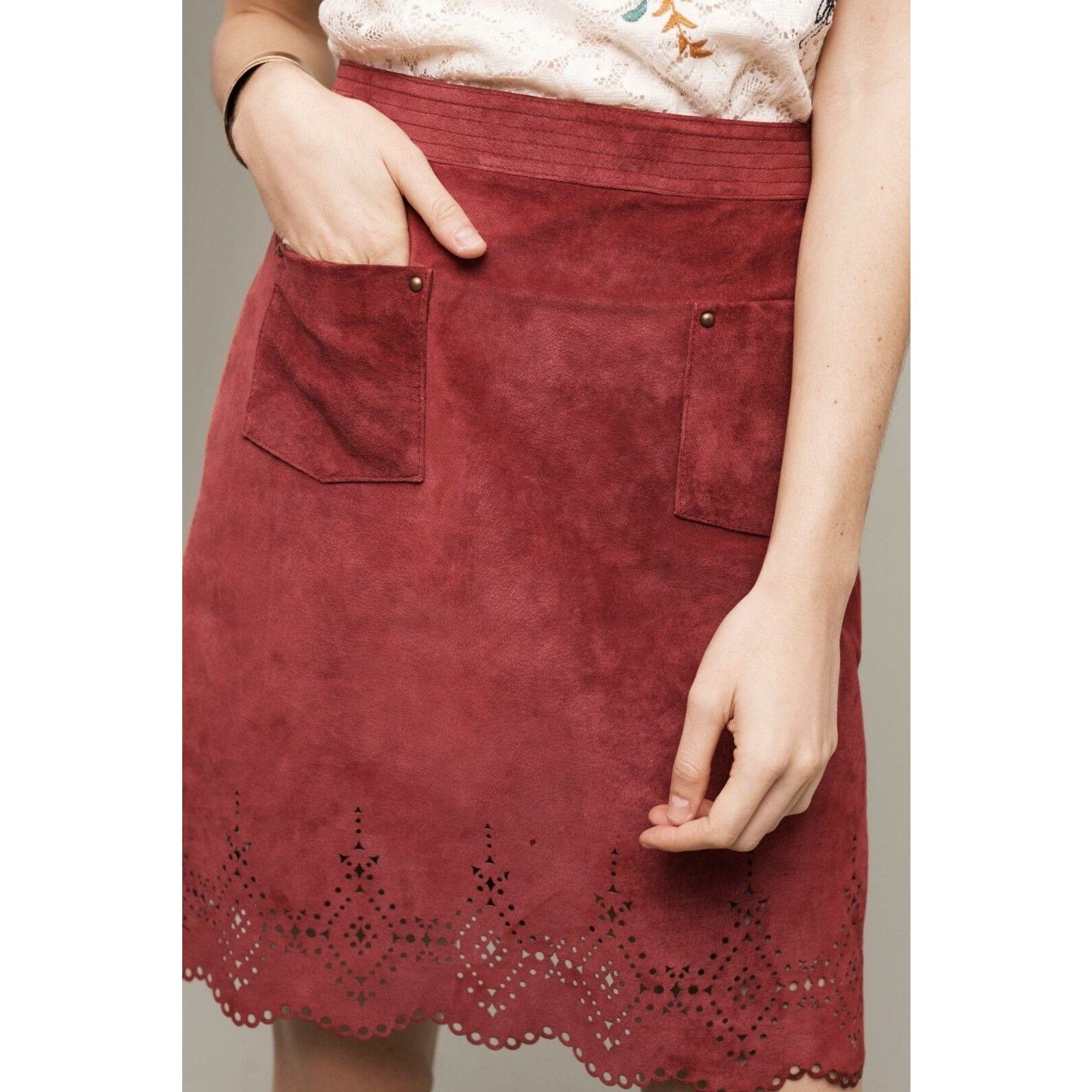 Anthropologie New Anthropologie Napa Laser Cut Leather Skirt by Maeve Sz 6 Size 28" / US 6 / IT 42 - 2 Thumbnail