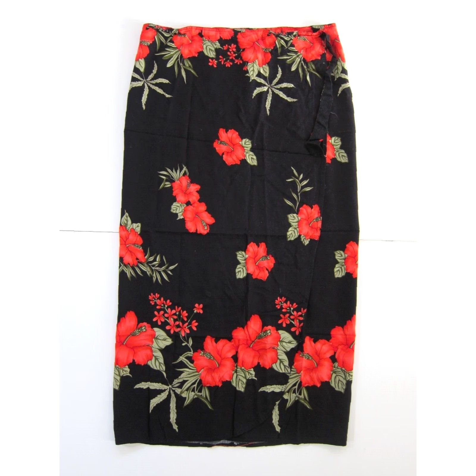 Vintage VINTAGE Hibiscus Collection Hawaii Rayon Black Red Floral Long Maxi Wrap Skirt L Size 36" / US 14 / IT 50 - 2 Thumbnail