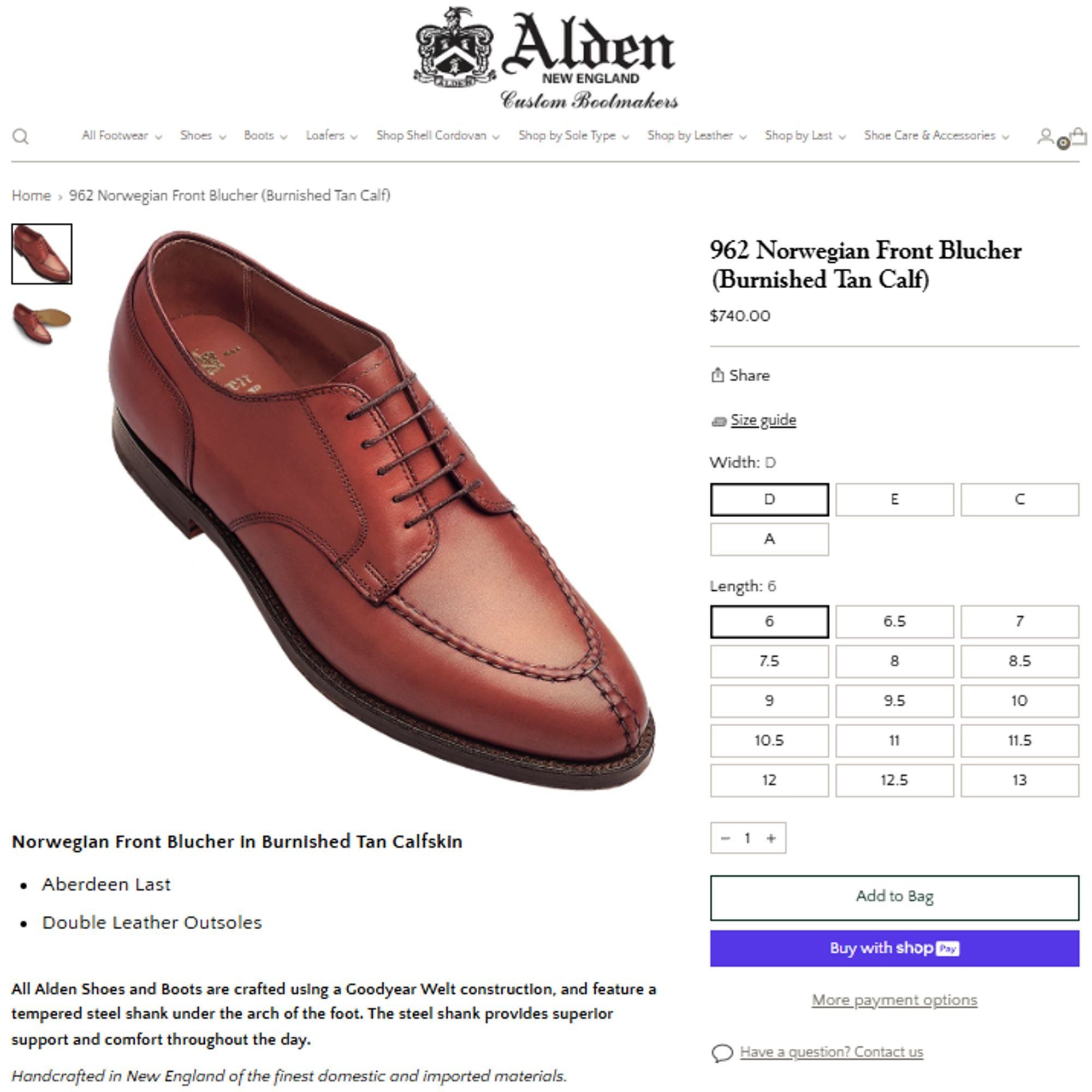 Alden Alden 962 Norwegian Front Blucher Burnished Tan Calf Leather Size US 11 / EU 44 - 5 Thumbnail