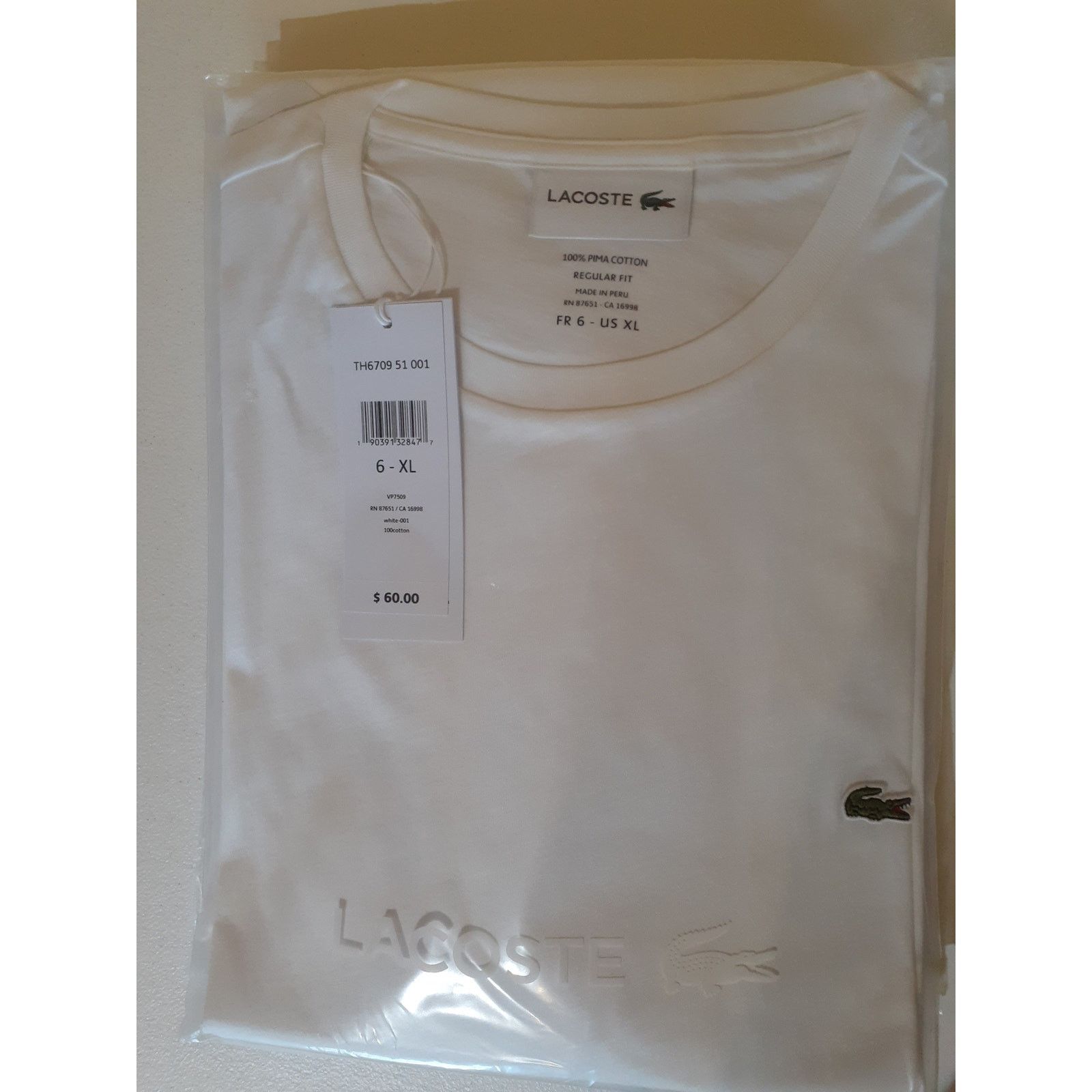 Lacoste Lacoste Men's Cotton Pima Jersey T-Shirt White X-Large Size US XL / EU 56 / 4 - 2 Thumbnail