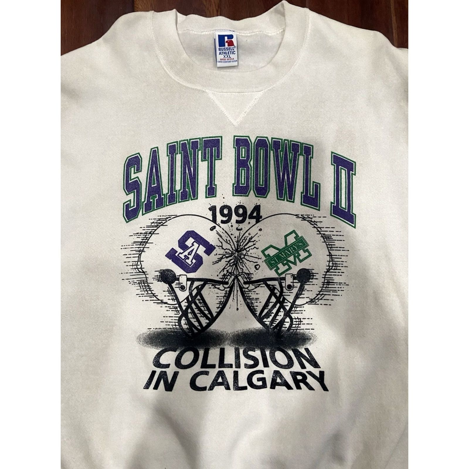 Russell Athletic VINTAGE Russell Athletic Crewneck Men 2XL Sweatshirt Football St Marys Calgary White Cotton Blend Fleece Logo Pullover All Seasons Mens Size US XXL / EU 58 / 5 - 2 Thumbnail