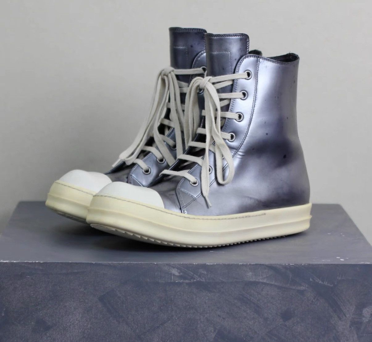 Rick Owens Rick Owens Mirror Metallic Leather High-Top Sneakers Size US 7 / EU 40 - 1 Thumbnail