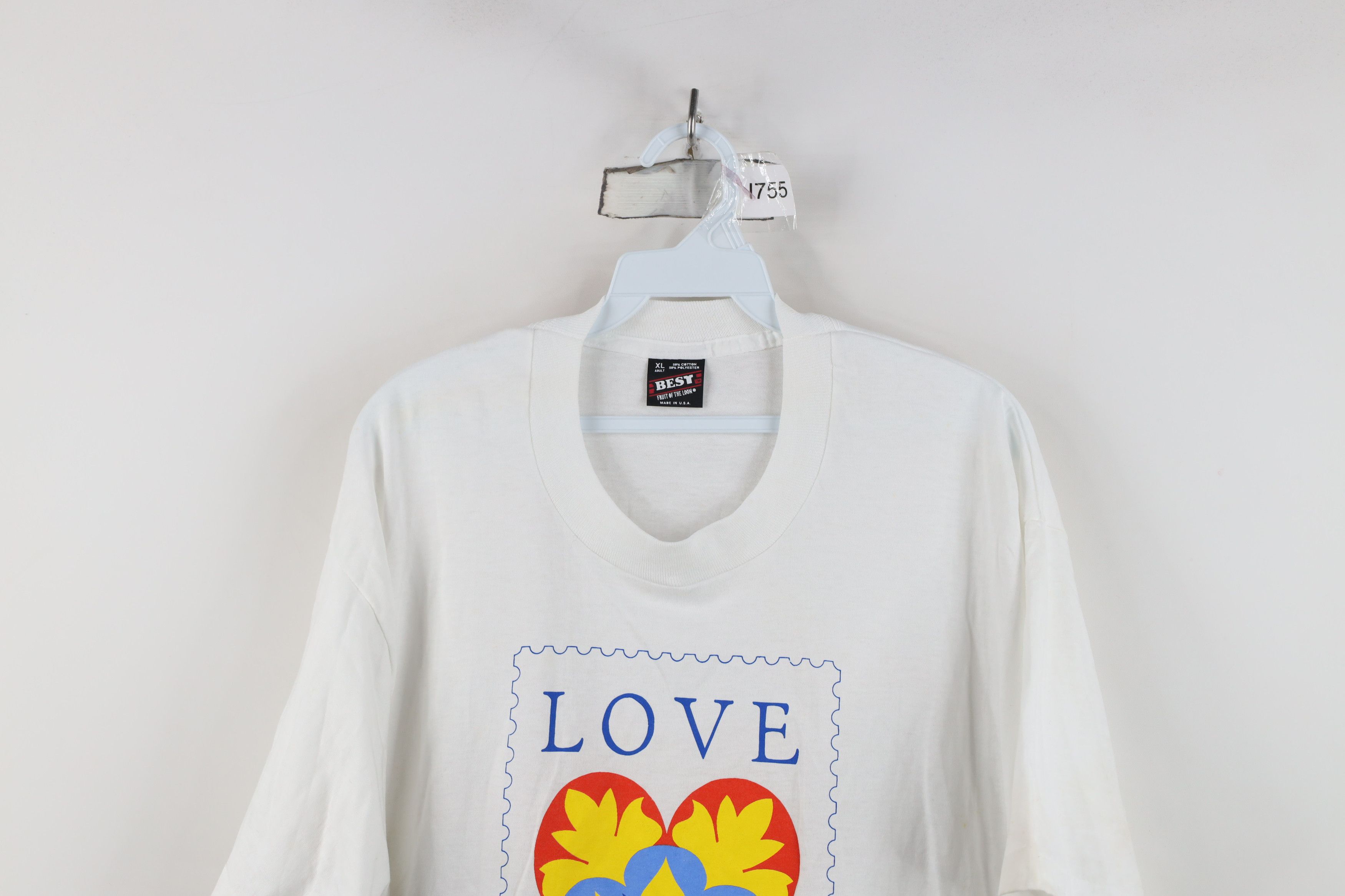 Vintage Vintage 80s Streetwear Stamp Heart Love T-Shirt White USA Size XL / US 12-14 / IT 48-50 - 2 Thumbnail