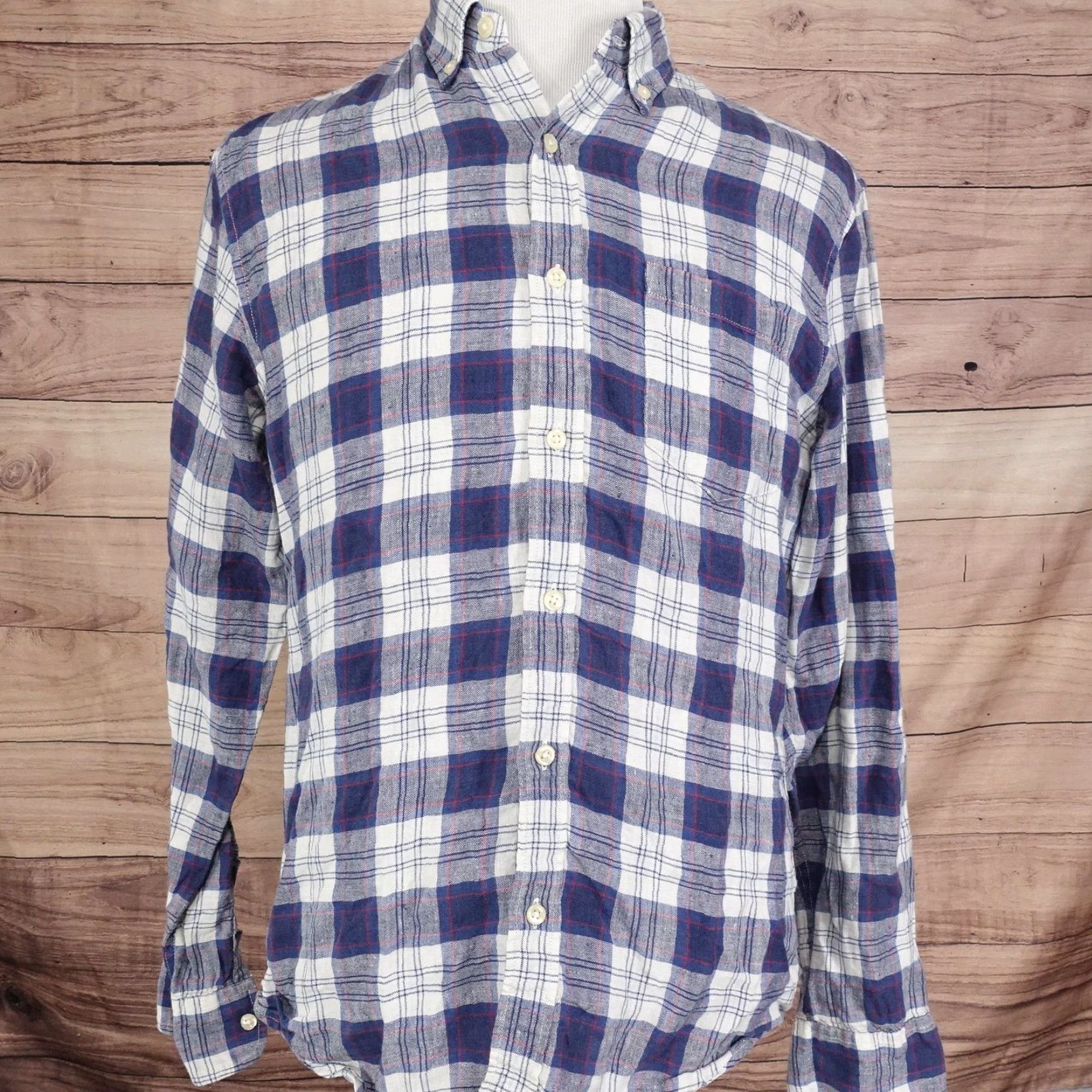 J.Crew J.Crew Mercantile Linen Shirt Blue White Plaid Mens Medium Long Sleeve Button Down Size US M / EU 48-50 / 2 - 3 Thumbnail