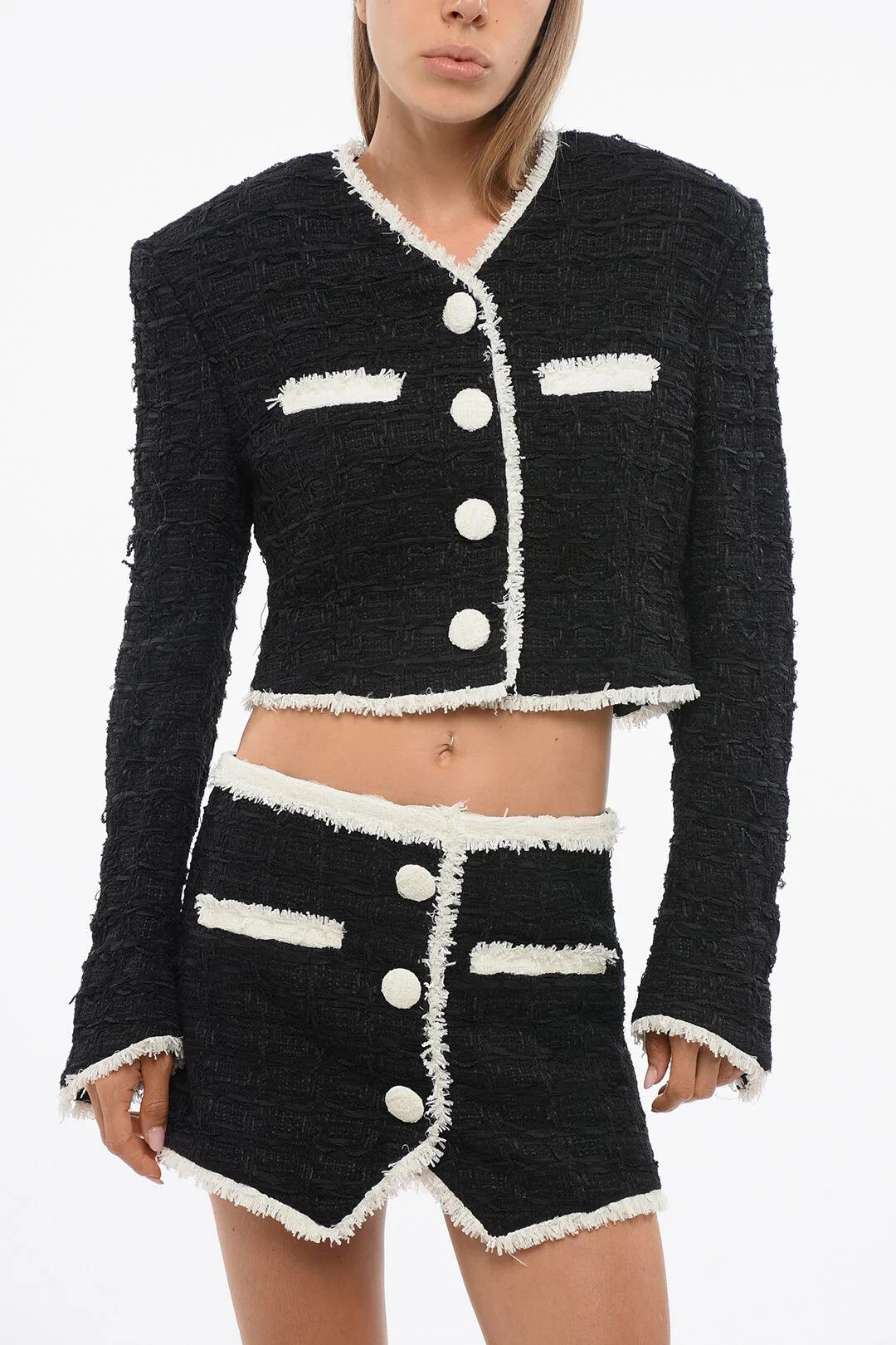 Balmain og1mm0326 Cropped Tweed Jacket in Black/White Size M / US 6-8 / IT 42-44 - 1 Thumbnail