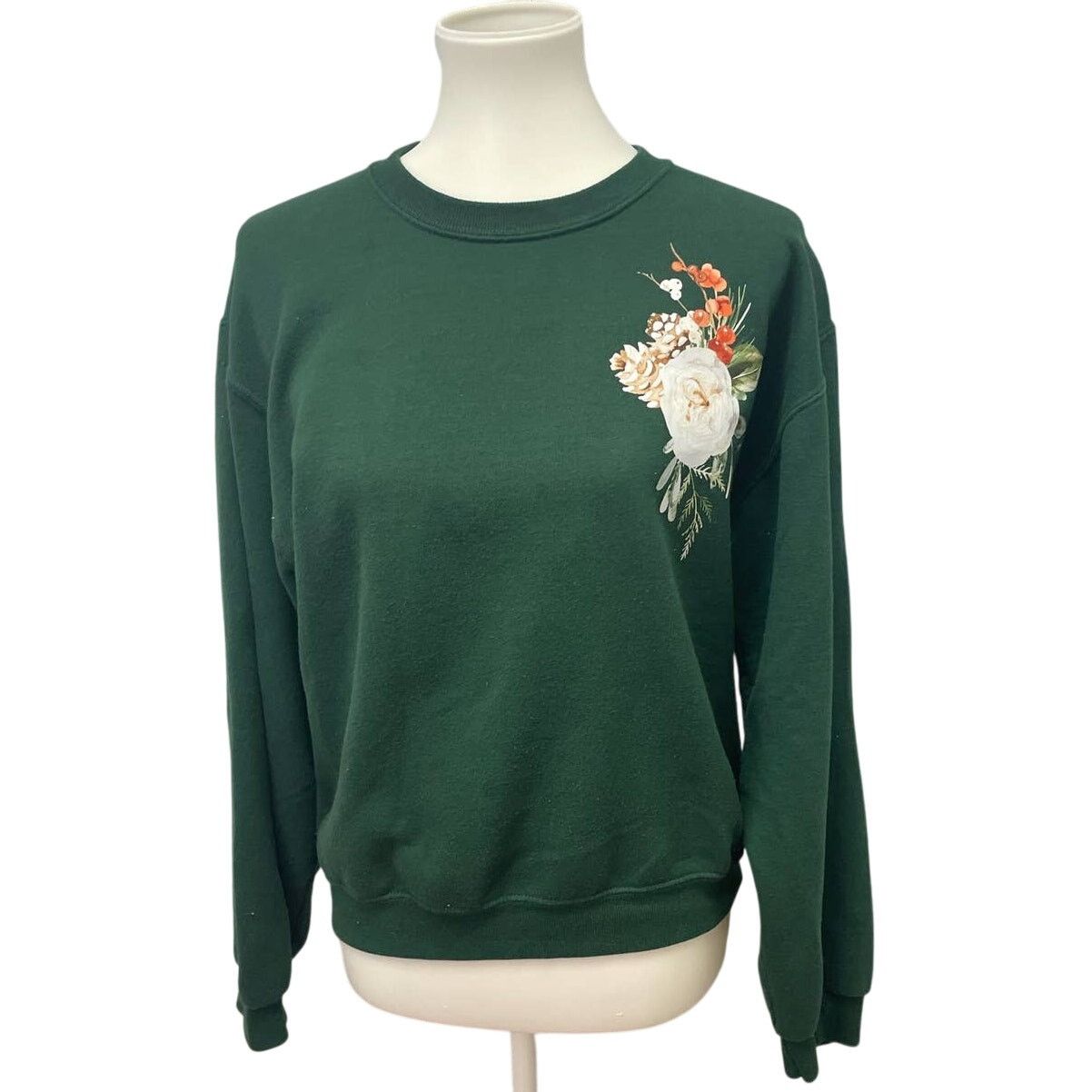 Jerzees Hand Printed Womens Small Rose Floral Pine Cone Sweatshirt Size S / US 4 / IT 40 - 1 Thumbnail