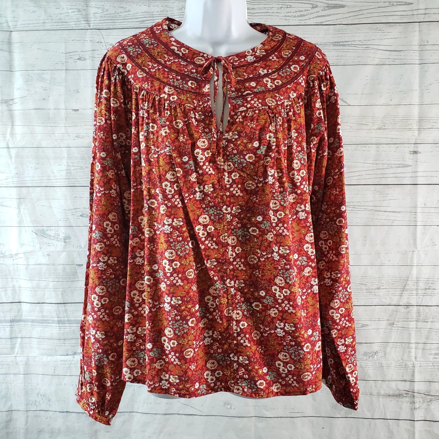 Vintage VINTAGE? Universal Thread Floral Blouse Womens Long Sleeve Shirt Red Green Cotton Blend S Size S / US 4 / IT 40 - 2 Thumbnail