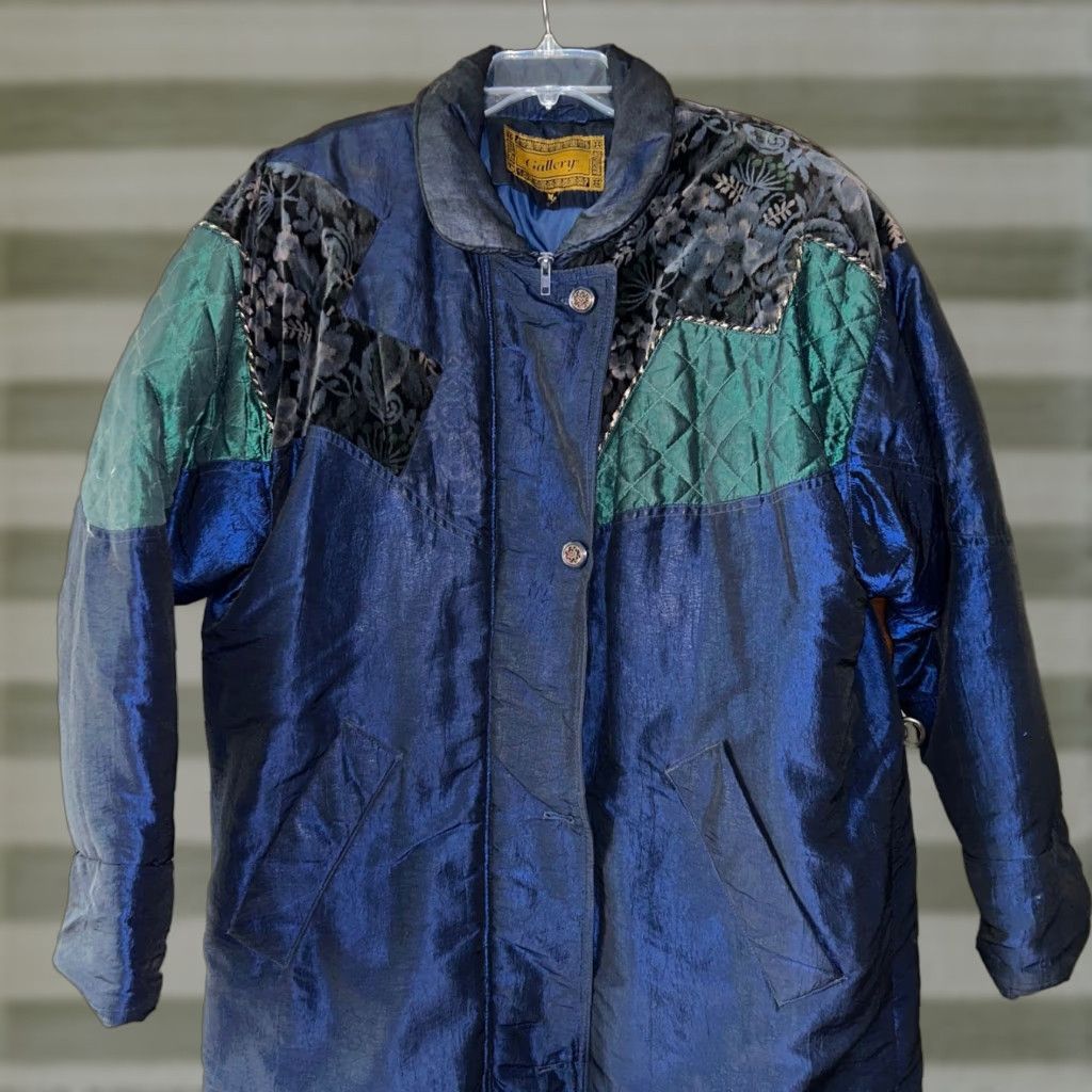 VINTAGE Gallery blue parka long jacket Korea velvet color block down fill Medium Women's Coat Parka M Blue