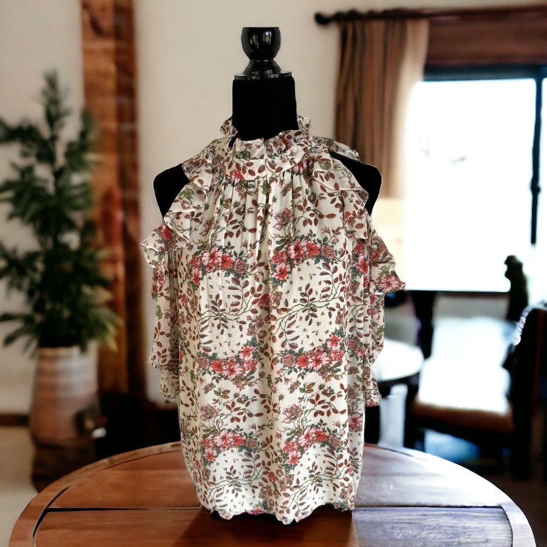 Other Max Studio Womens Blouse Sz M Floral Cold Shoulder Ruffle Size M / US 6-8 / IT 42-44 - 3 Thumbnail