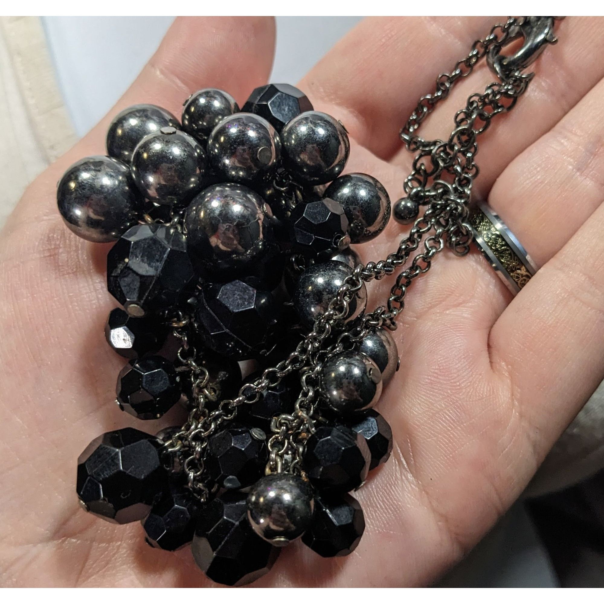Other Glam Goth Black And Silver Tone Beaded Cluster Necklace Size ONE SIZE - 3 Thumbnail