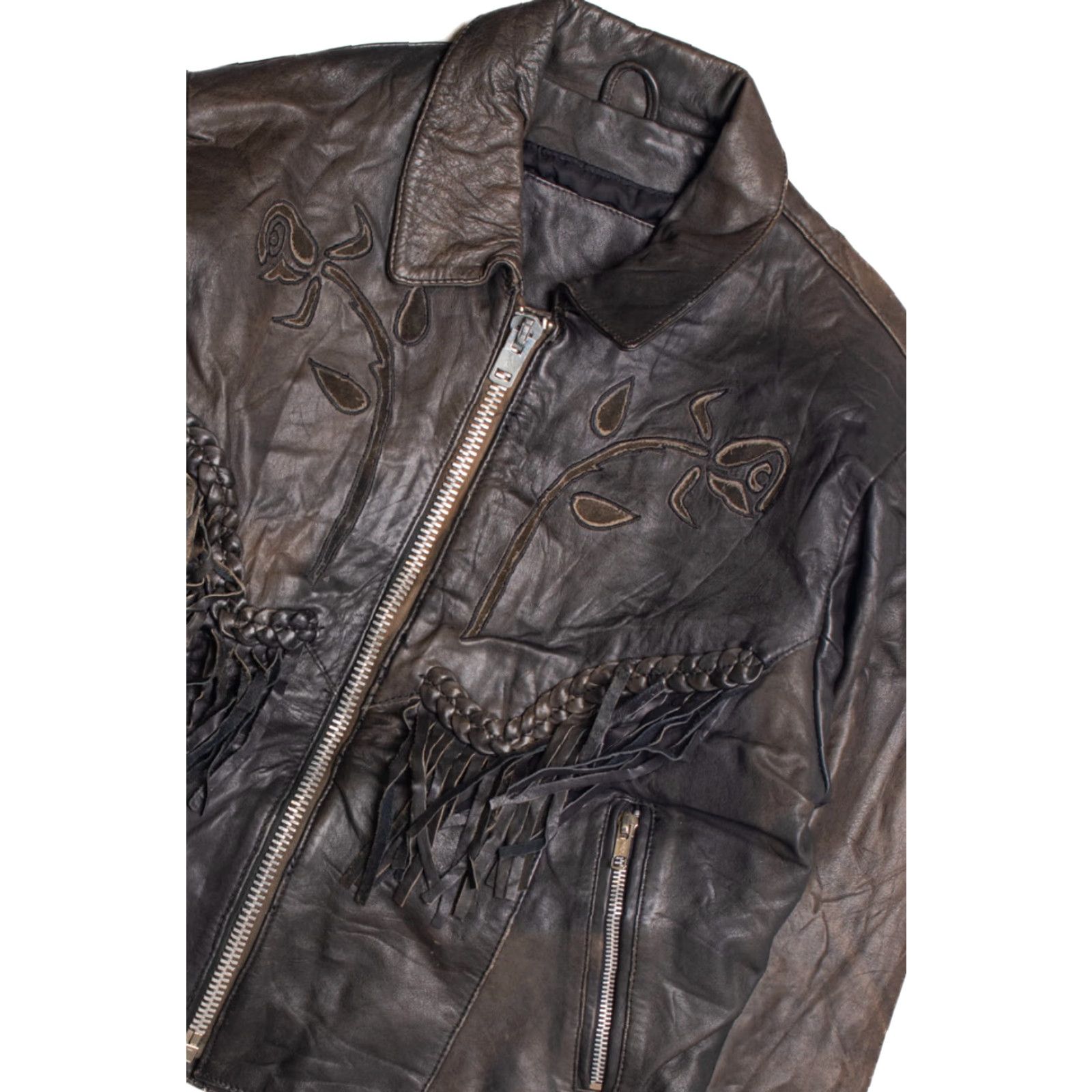 Vintage VINTAGE Dark Brown Leather Motorcycle Jacket Fringe Large Size US L / EU 52-54 / 3 - 2 Thumbnail