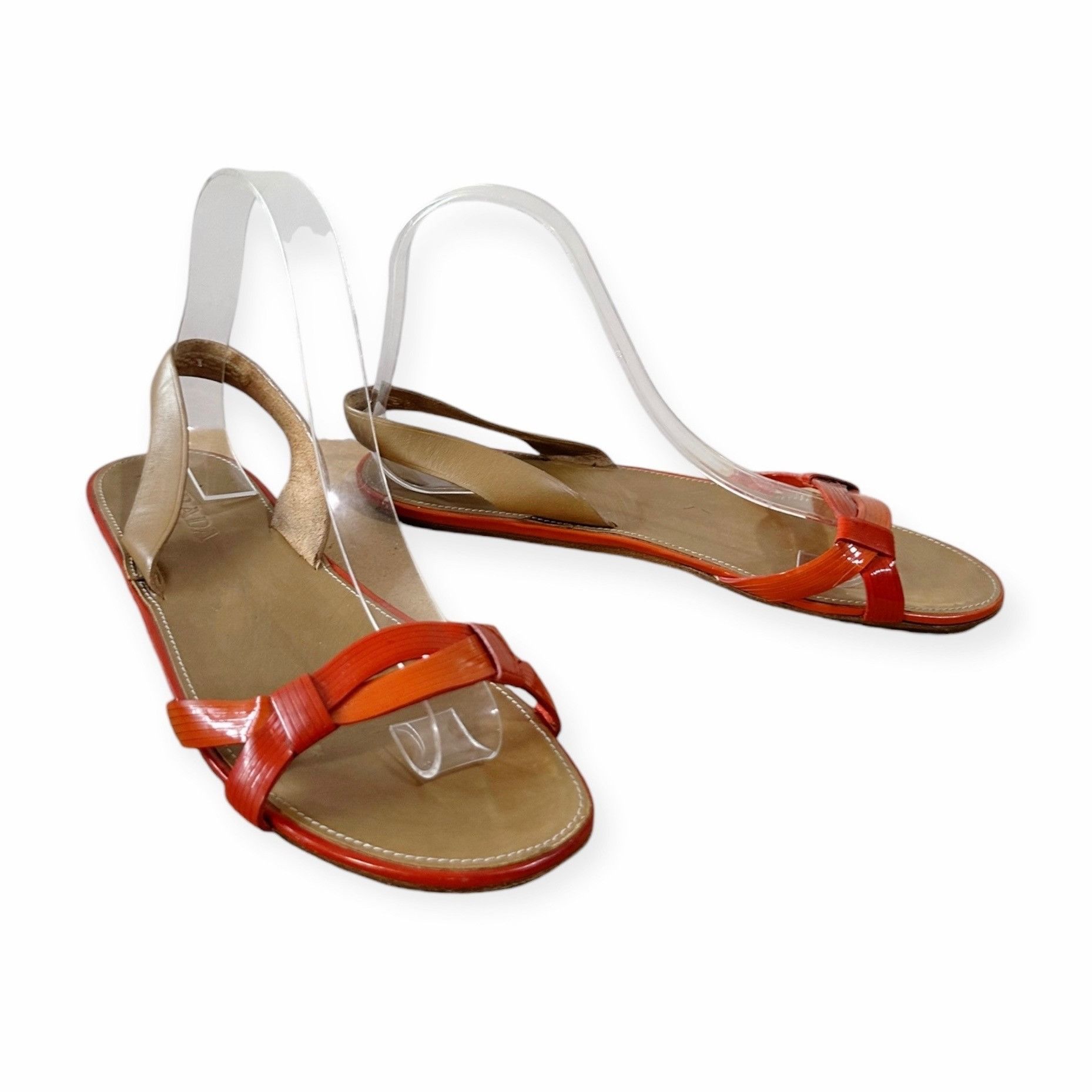Prada Prada Flat Sling Back Sandal, Orange Patent, Size 38.5 EU Size US 8.5 / IT 38.5 - 3 Thumbnail