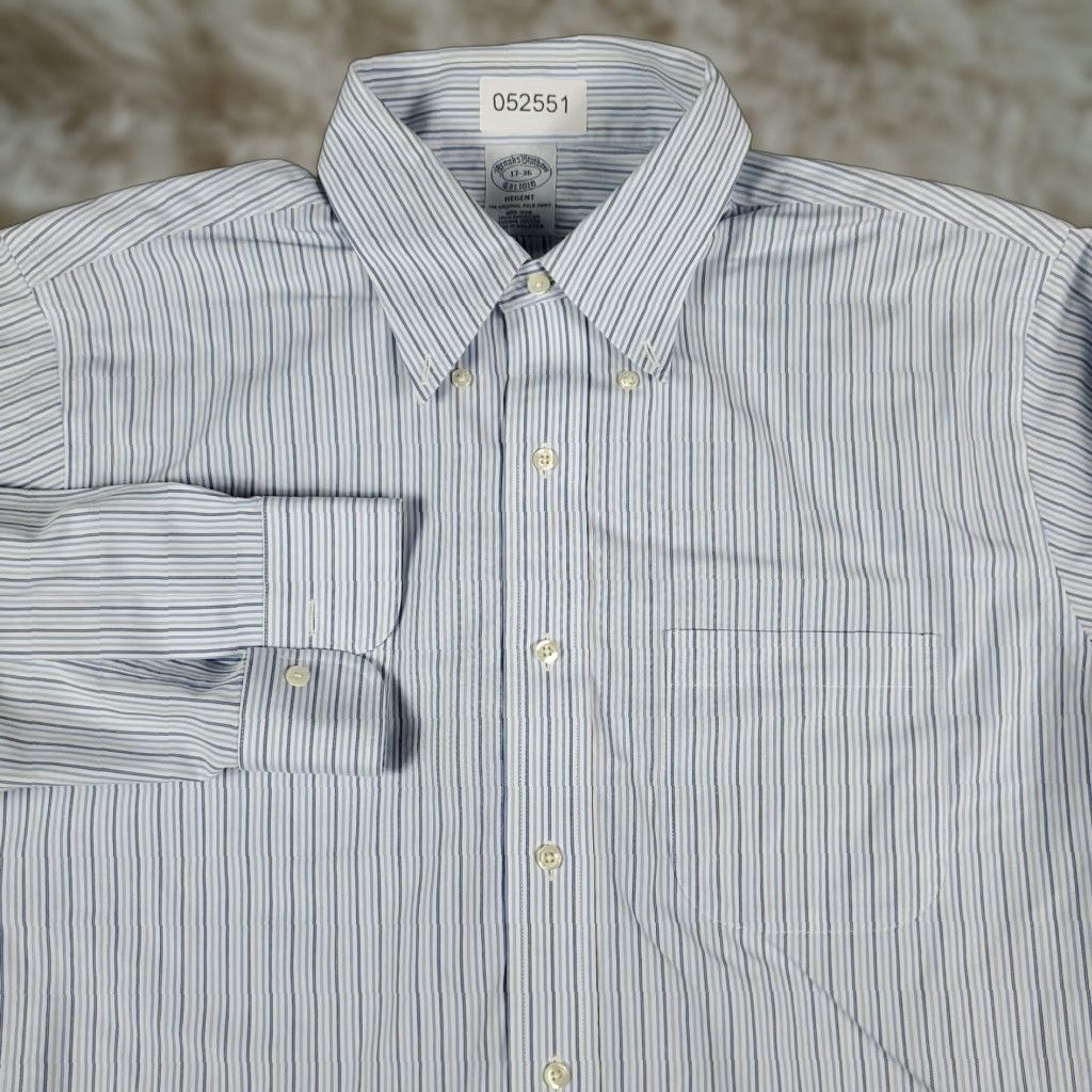 Brooks Brothers Brooks Brothers Dress Shirt Mens 17 Blue Striped Button Up Long Sleeve Non-Iron Regular Fit Dress Shirt Mens Navy Blue Size 46R - 1 Thumbnail