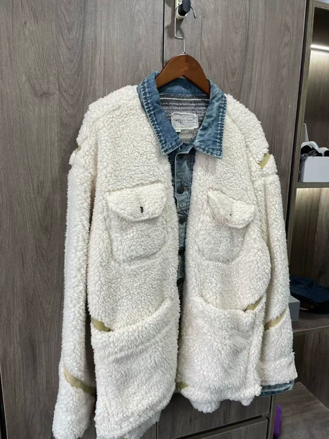 Greg Lauren Denim Shearling Patchwork Jacket