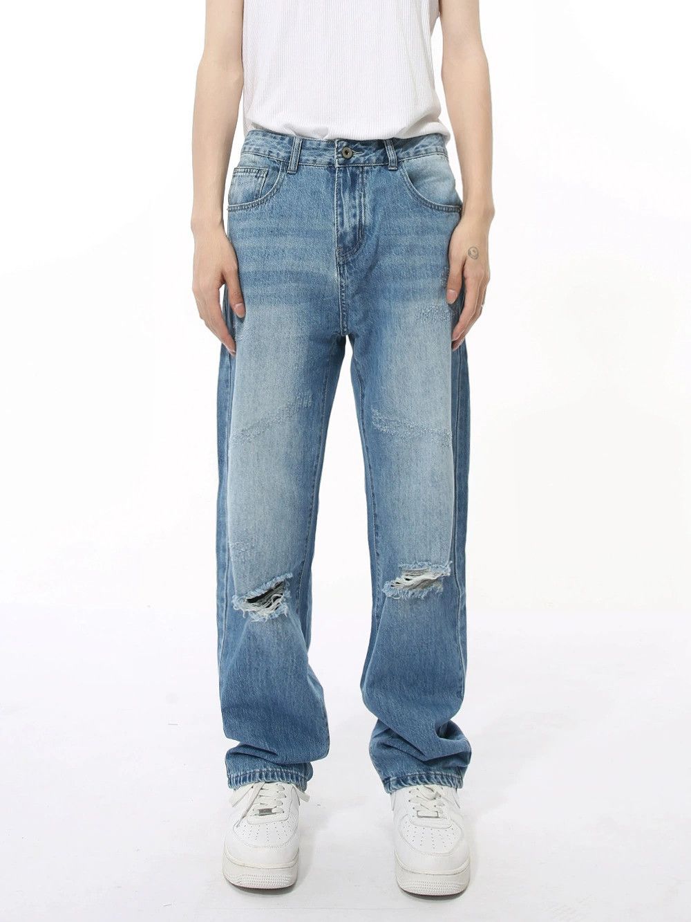 Jean Japanese retro simple ripped straight jeans Size US 32 / EU 48 - 1 Thumbnail