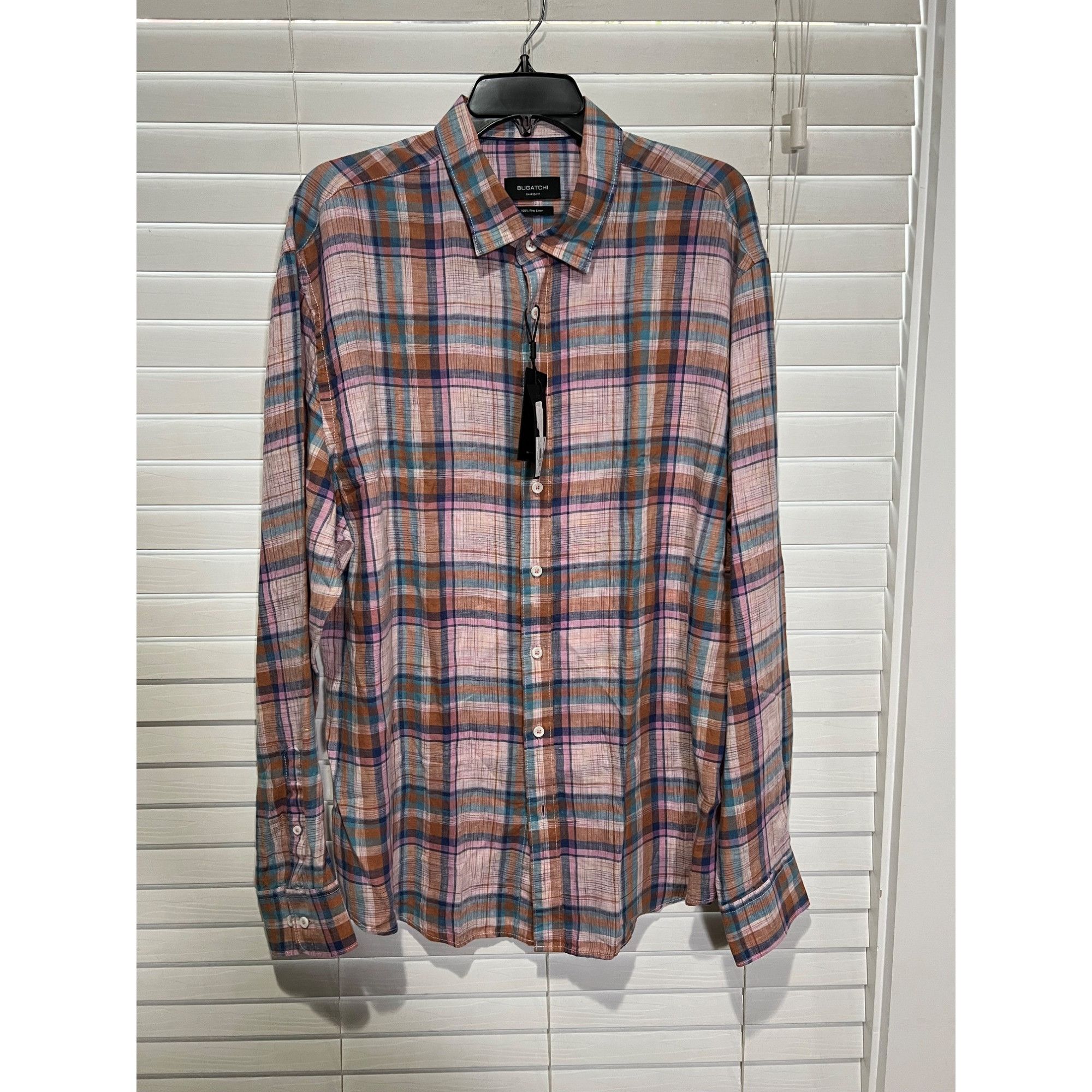 Bugatchi Men's Julian Madras Check Long Sleeve Linen Shirt N