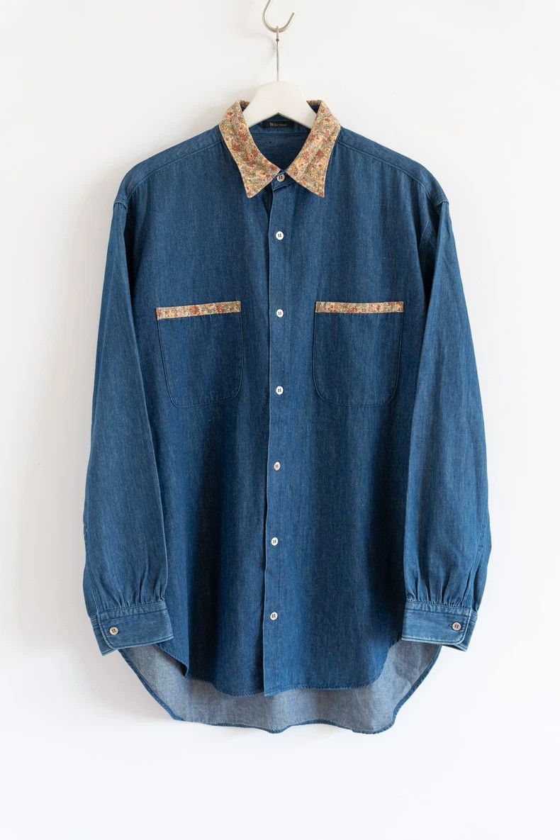 Yohji Yamamoto Yohji Yamamoto size os 90s Floral Neck Denim Shirt Size US M / EU 48-50 / 2 - 1 Thumbnail