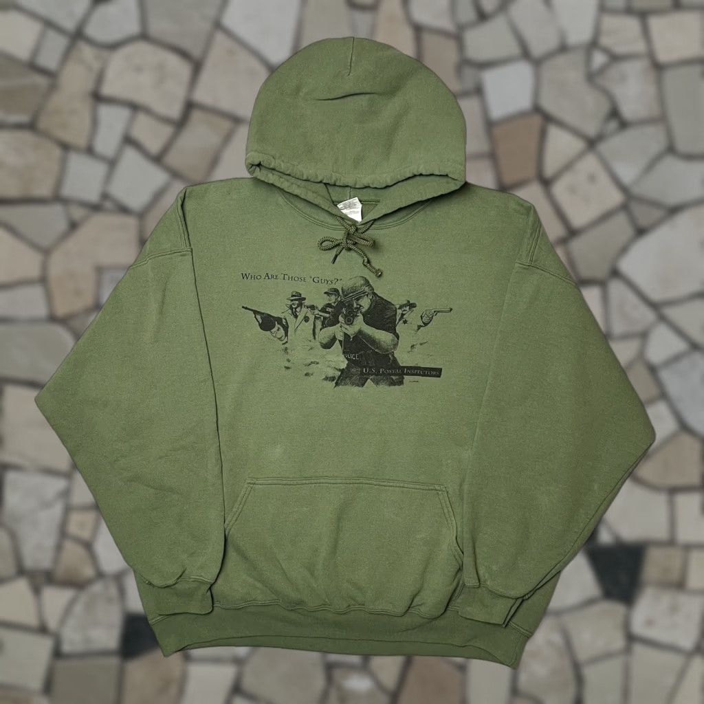 VINTAGE Gildan Heavy Blend US Postal Inspectors Pullover Hoodie Sweatshirt 2XL Green Men Regular Fleece Graphic Print Sweatshirt Hoodie