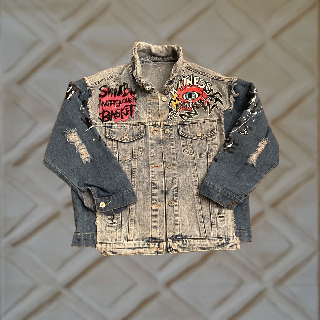 Denime VINTAGE Custom Hard Rock Cafe Bad Girl Vog Paris Catwoman Denim Jean Jacket L Blue Two Tone Women Mens? Size 36" / US 14 / IT 50 - 1 Thumbnail