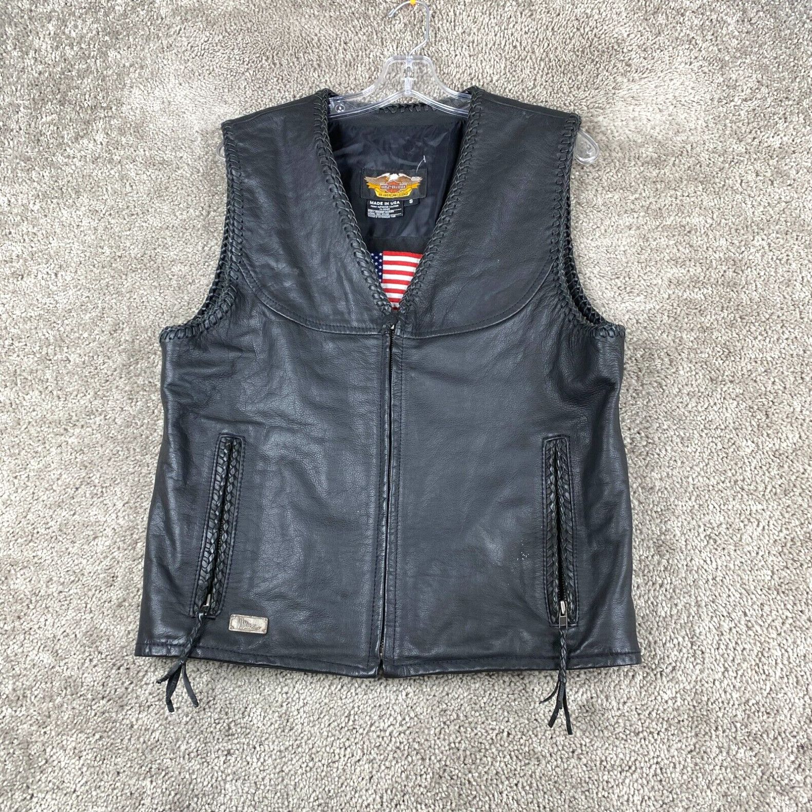 Image of Harley Davidson Full Zip Leather Vest Small Black Lined Biker Zipped Pockets in White, Men's