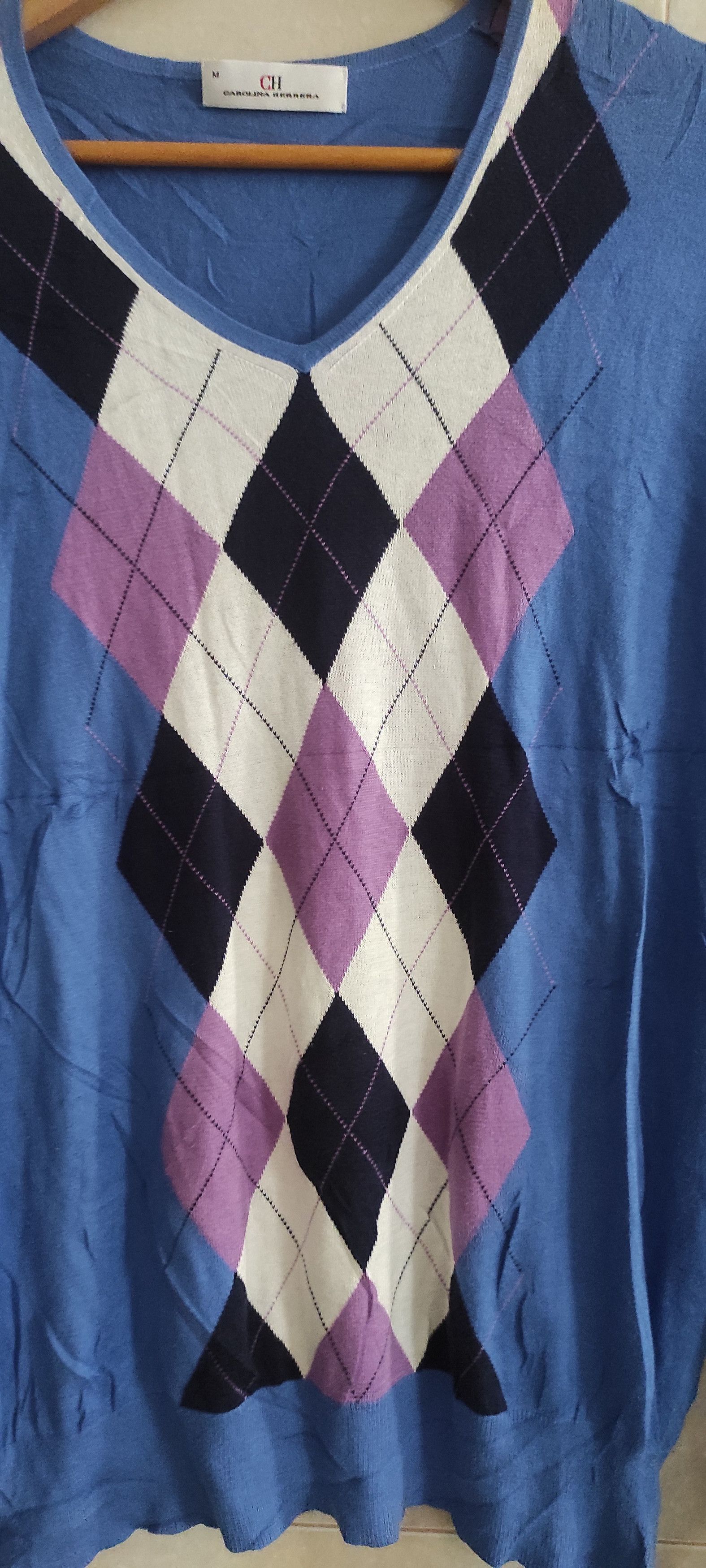 Carolina Herrera Carolina Herrera V Neck Ribbed Knit Slim Fit Argyle Pullover Size US M / EU 48-50 / 2 - 8 Thumbnail