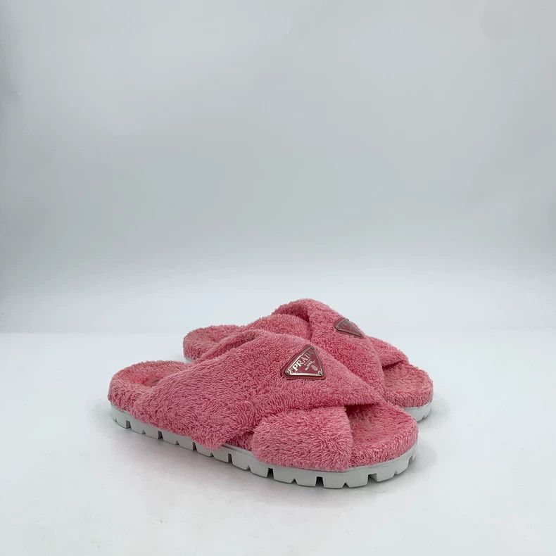 Prada Prada Pink triangle cross-plush casual flat slippers Size US 7 / IT 37 - 2 Thumbnail