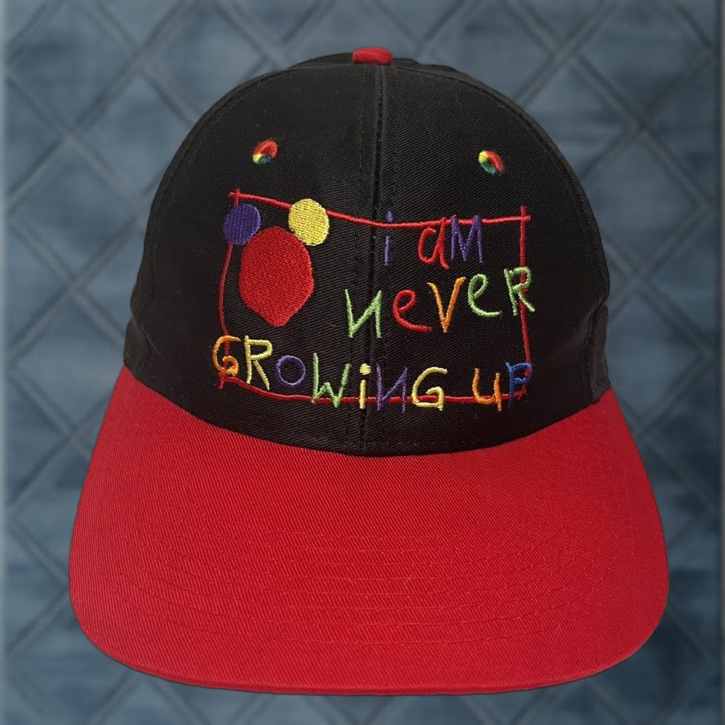 Disney VINTAGE Disney Hat Adult One Size Black I AM NEVER GROWING UP 90s Disney Snapback Mens Boys Size ONE SIZE - 1 Thumbnail