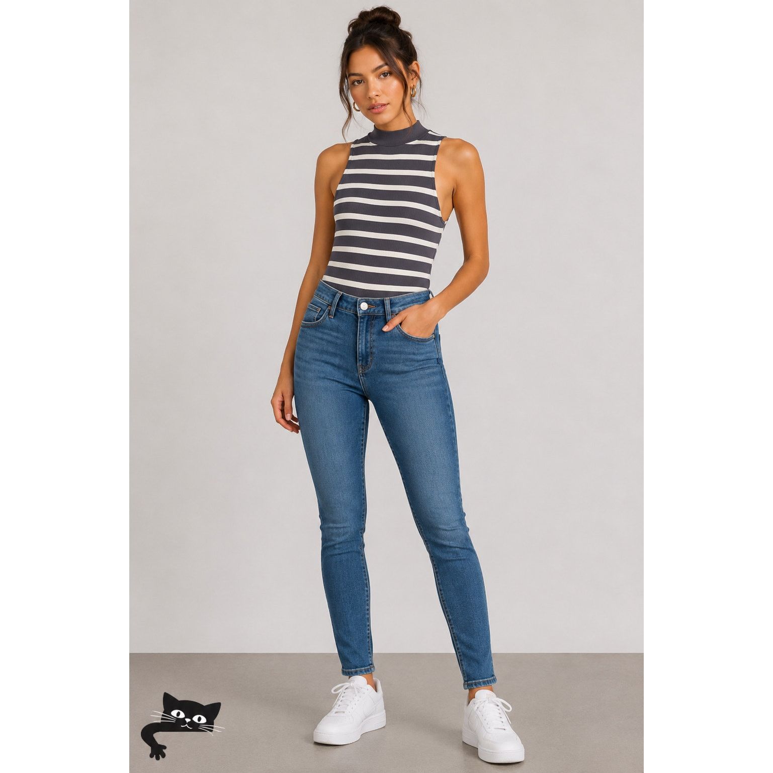 Other Abound Gray & White Stripe Sleeveless Mock Neck Bodysuit L Size L / US 10 / IT 46 - 3 Thumbnail