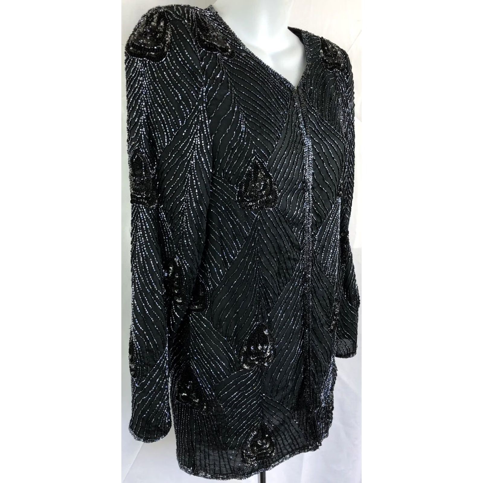Vintage Vtg Jaisgumo 100% Silk Blouse M Black Beaded Hook Front Long Formal Coquette Glam Women's Blouse Size M / US 6-8 / IT 42-44 - 4 Thumbnail