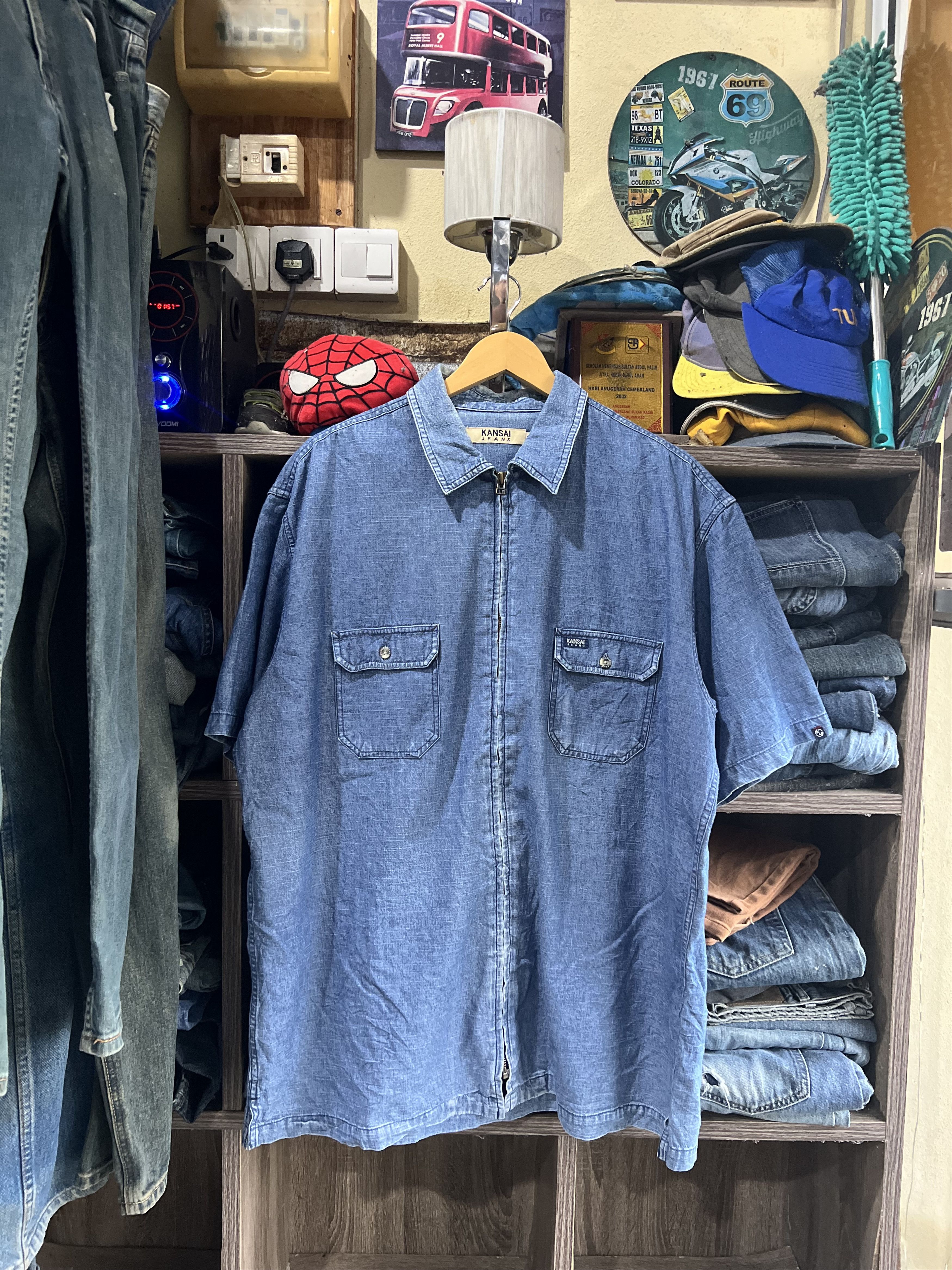 Kansai Yamamoto 🔥Kansai Jeans Zipper Short Sleeve Denim Shirt Size US XXL / EU 58 / 5 - 15 Thumbnail