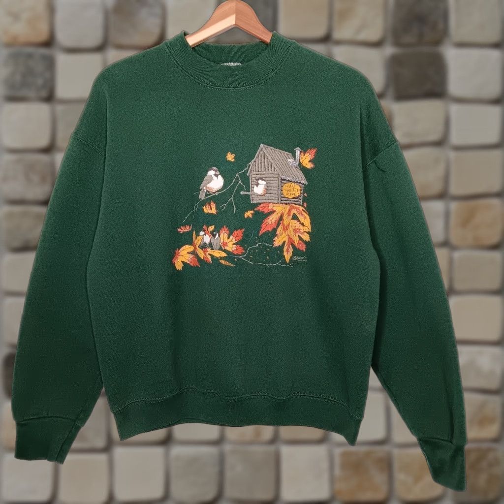 Fruit Of The Loom VINTAGE Fruit of the Loom Sweatshirt Nature Green Crew Neck Long Sleeve Pullover Women L Fall Cotton Polyester Knit Birds Tree Leaves Sweatshirt Size L / US 10 / IT 46 - 1 Thumbnail