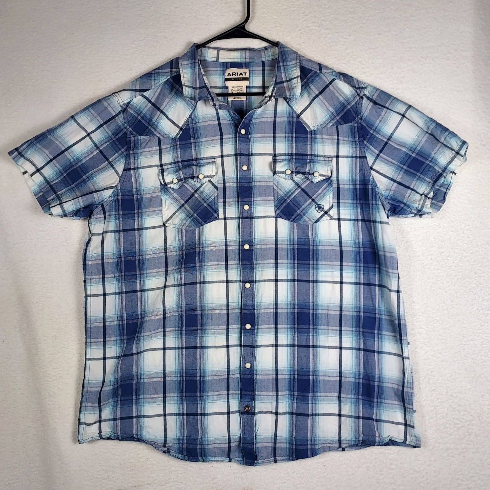 Ariat Ariat Western Snap Shirt Mens XXL Tall Blue Plaid Short Sleeve Button-Up Pocketed Cotton Woven Regular Fit Collared N/A Size US XXL / EU 58 / 5 - 2 Thumbnail