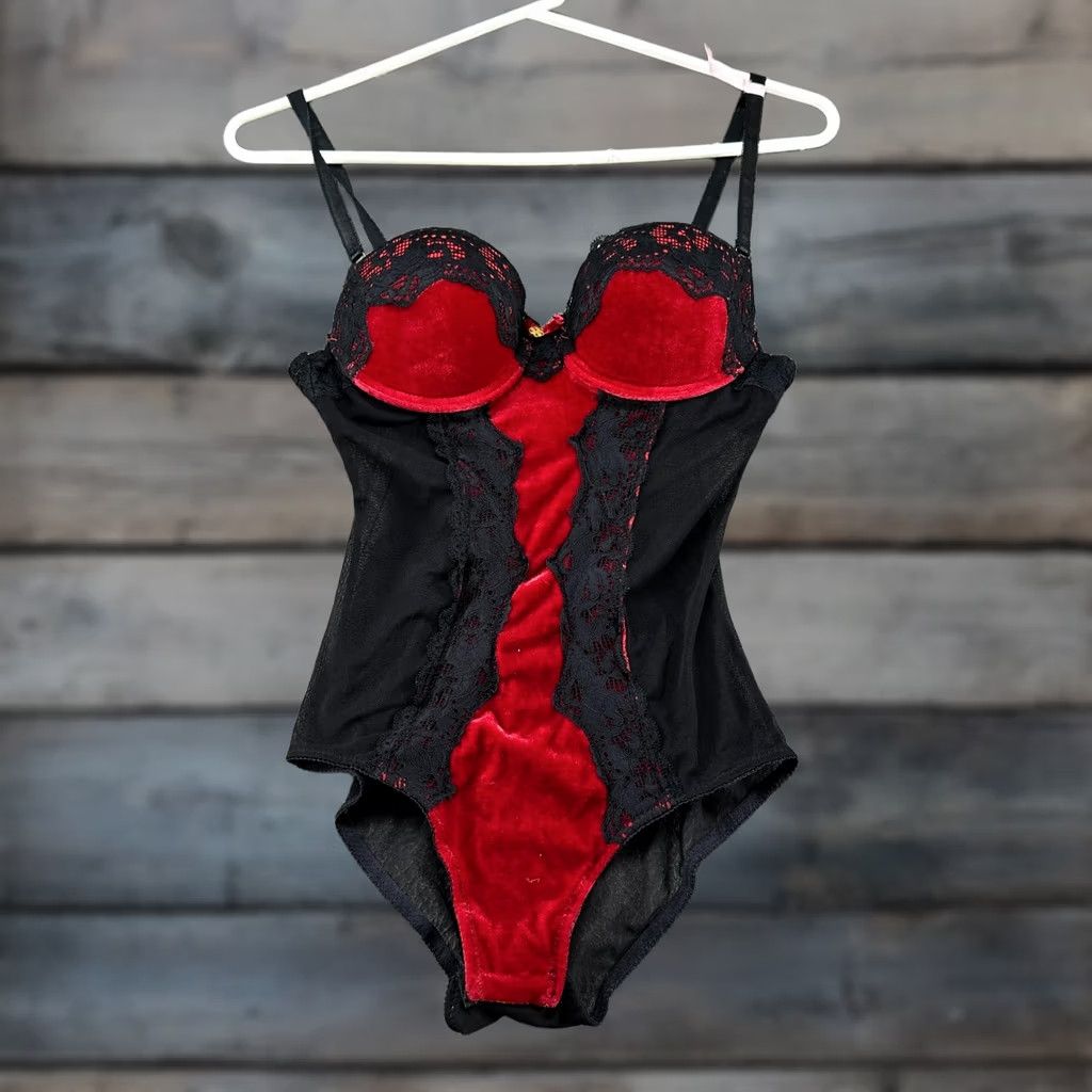 Velvet Daisy Fuentes Bodysuit Womens Small Black Red Lace Velvet Push Up Size S / US 4 / IT 40 - 1 Thumbnail