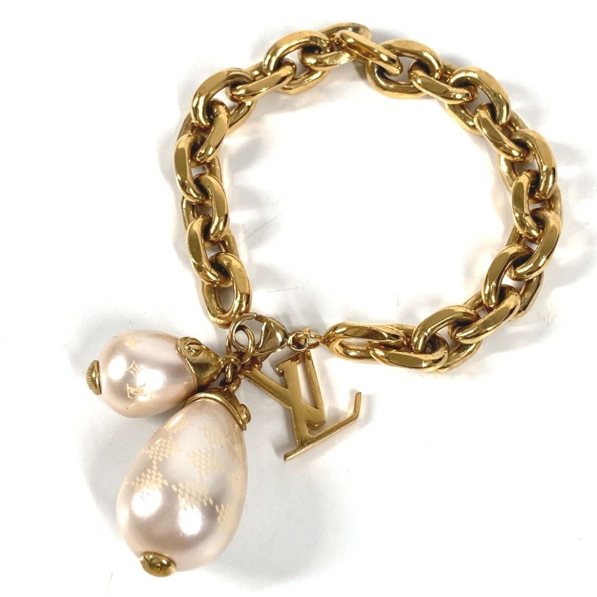 LOUIS VUITTON M66319 Damier Pearl Bracelet Bangle Chain Metal with Faux Pearls Gold Women's