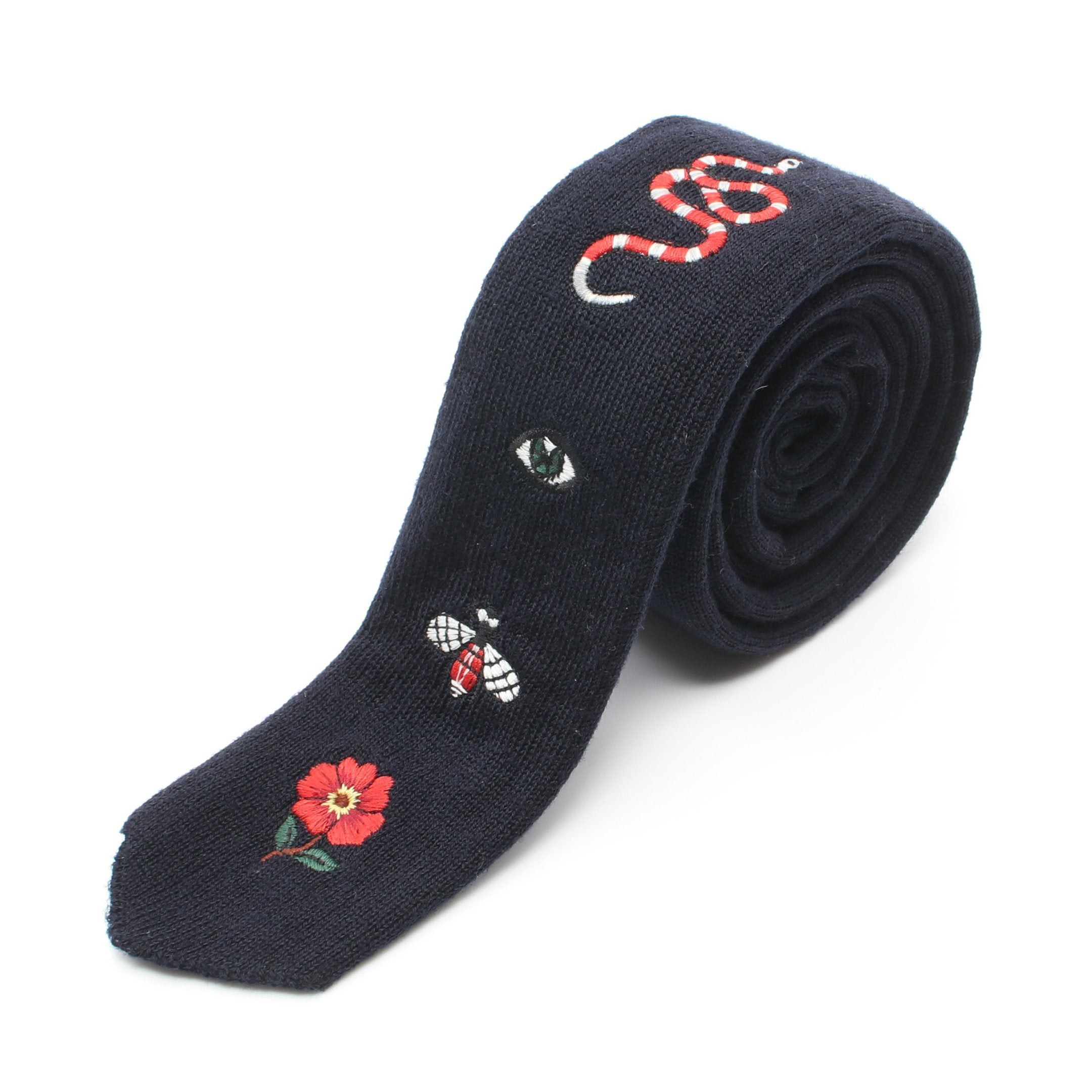 Gucci Gucci Embroidery Knit Tie Wool Navy Multicolor Size ONE SIZE - 1 Thumbnail