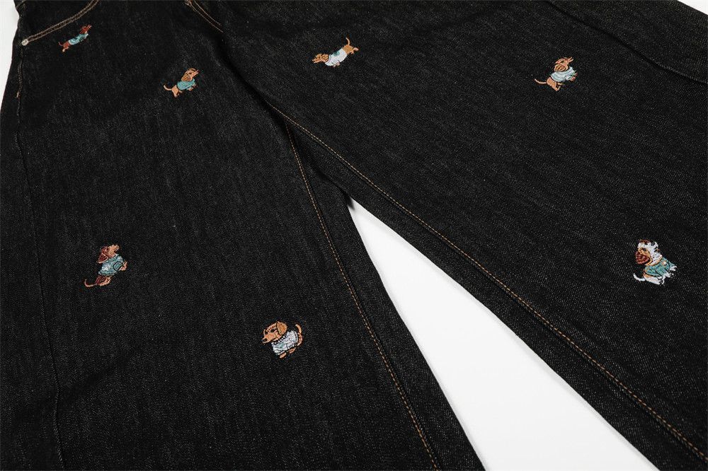 Jean Men's Cartoon Puppy Embroidery Curved-Leg Jeans Size US 32 / EU 48 - 4 Thumbnail