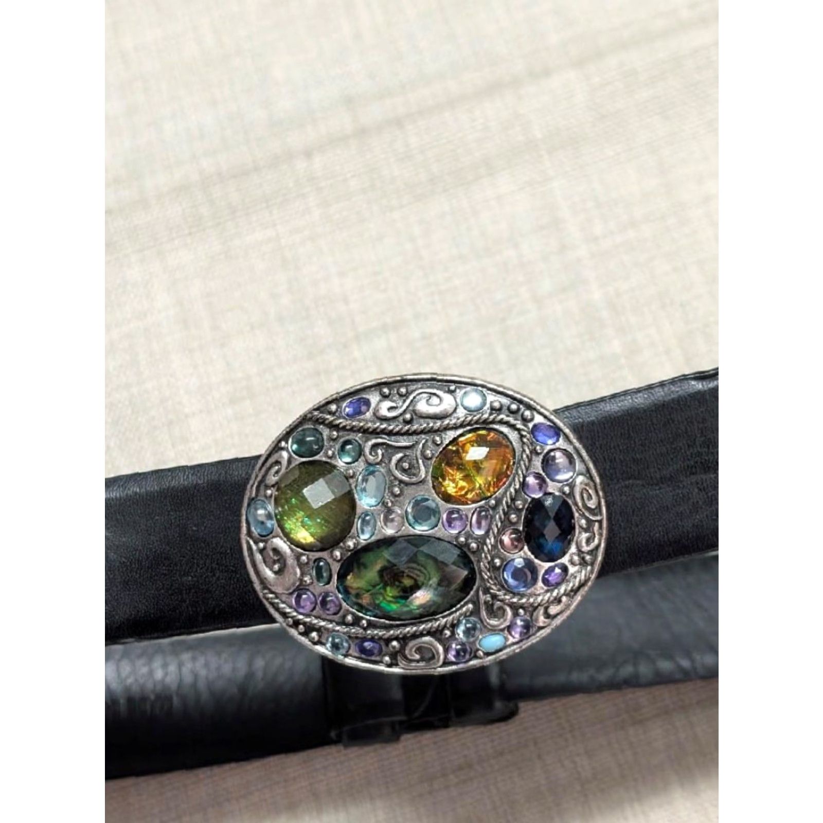 Vintage Chicos black leather belt rhinestone gem-stone insets one size 22-36 Women Size ONE SIZE - 5 Thumbnail