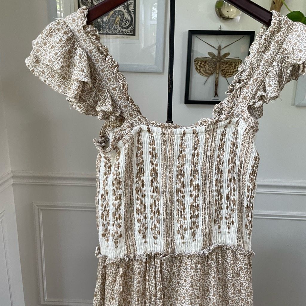 Other Sim & Sam Smocked Top Jumpsuit Natural Ivory Calico S Size US 29 - 7 Thumbnail