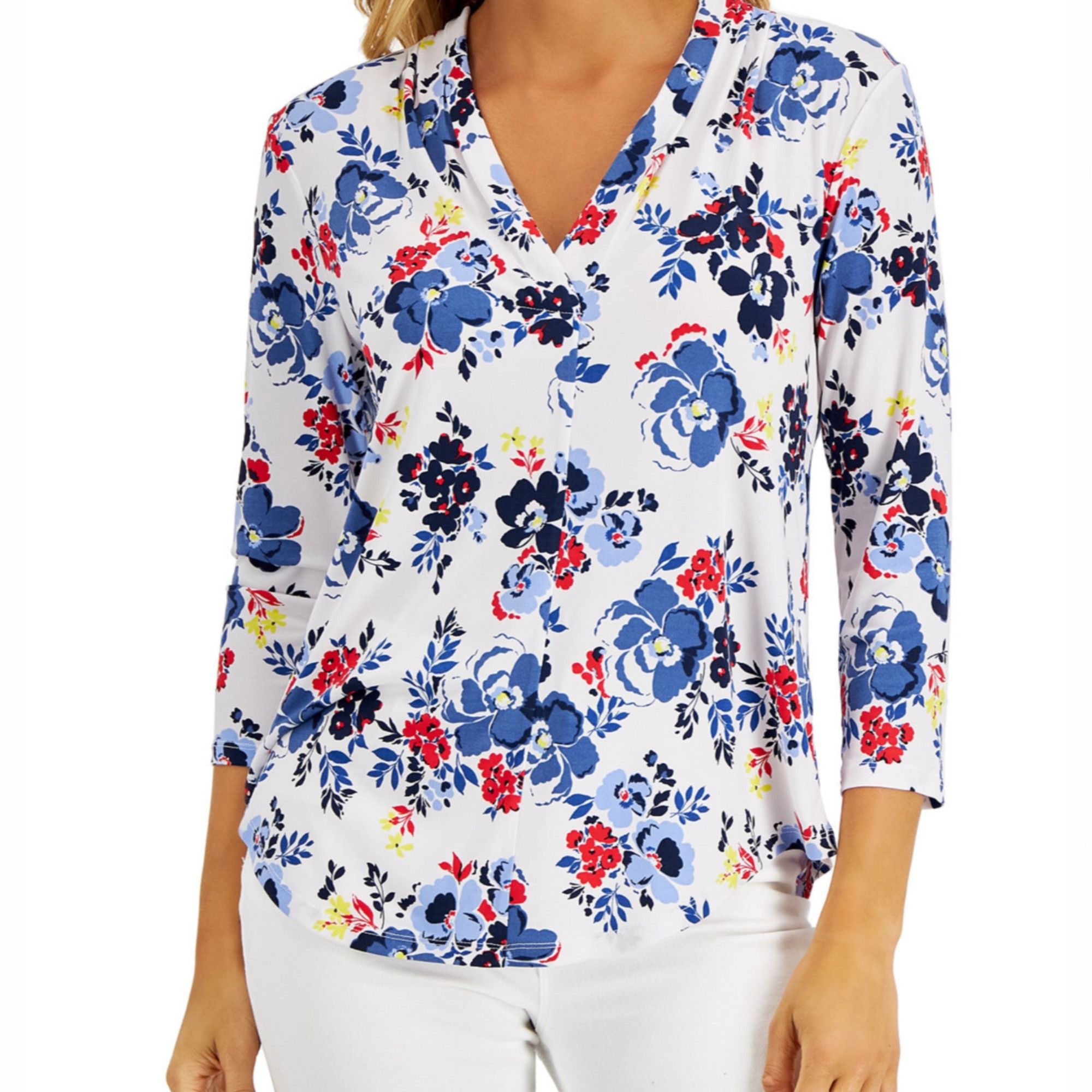 Charter Club Women's Charter Club White Floral V-Neck Blouse Size PM Size S / US 4 / IT 40 - 1 Thumbnail
