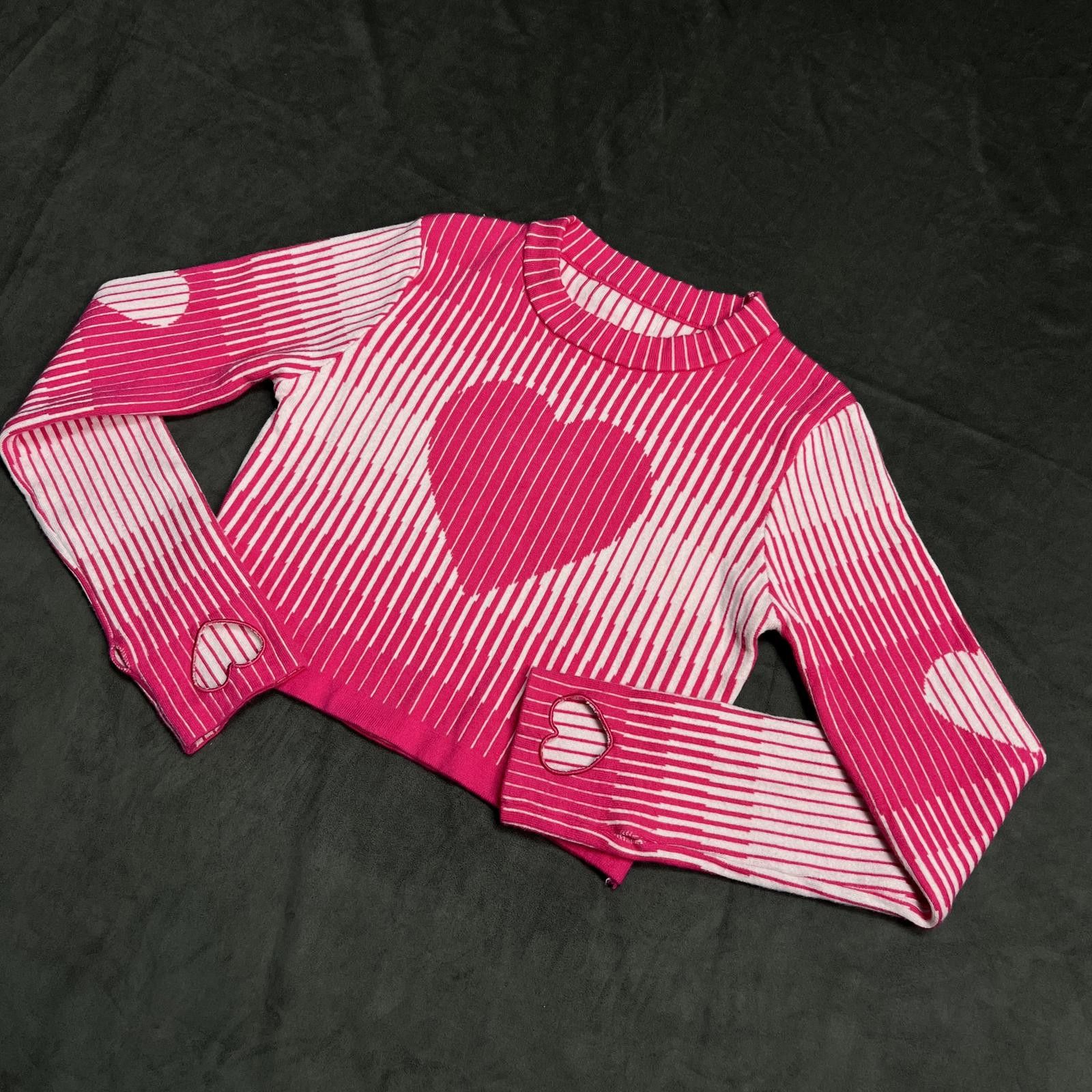 Japanese Brand Pink White Striped Heart Crop Jumper – Kawaii Y2K Aesthetic Size ONE SIZE - 2 Thumbnail