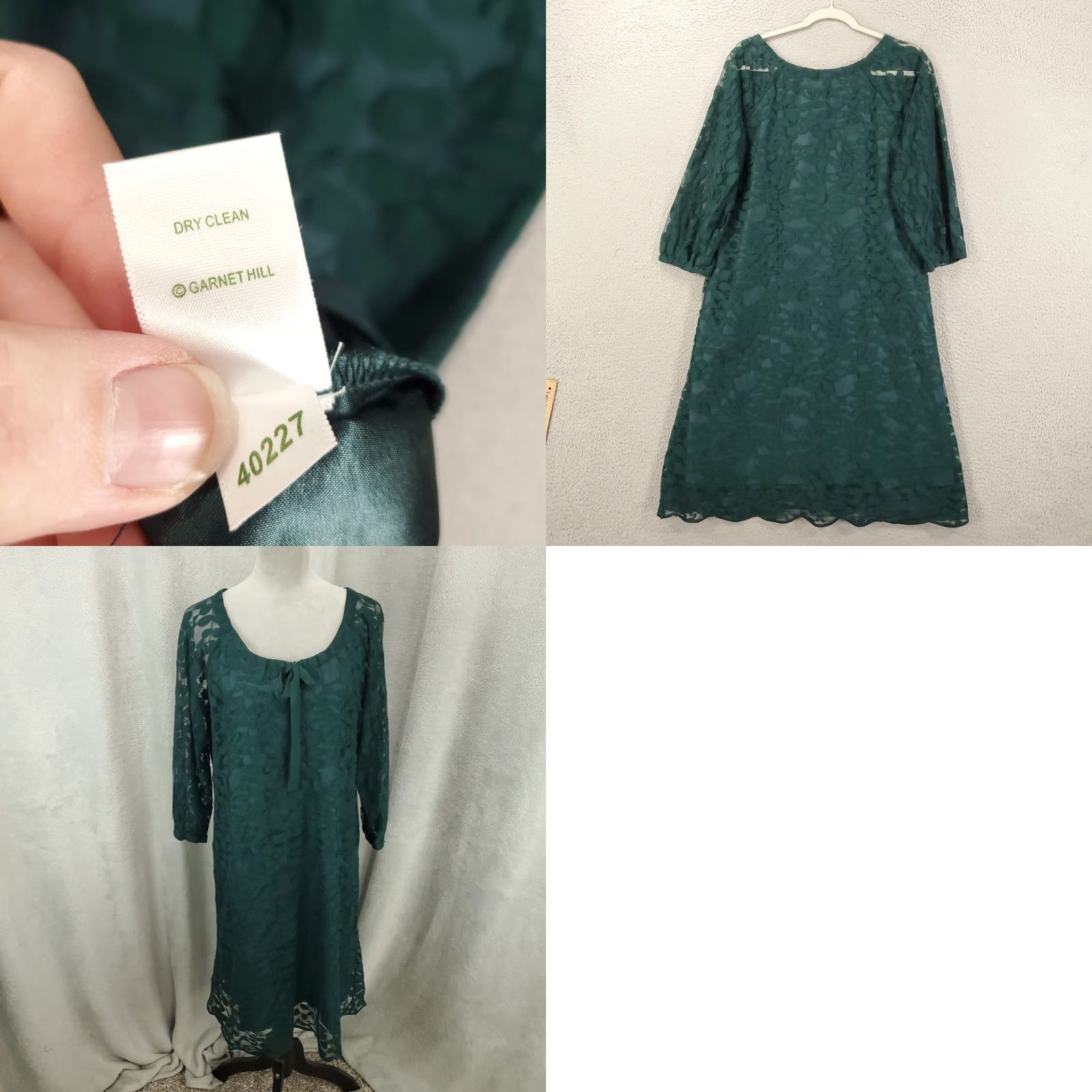 Vintage Garnet Hill Shift Dress Emerald Green Lace Overlay Knee Length Sheer Womens 14 Size XL / US 12-14 / IT 48-50 - 8 Thumbnail