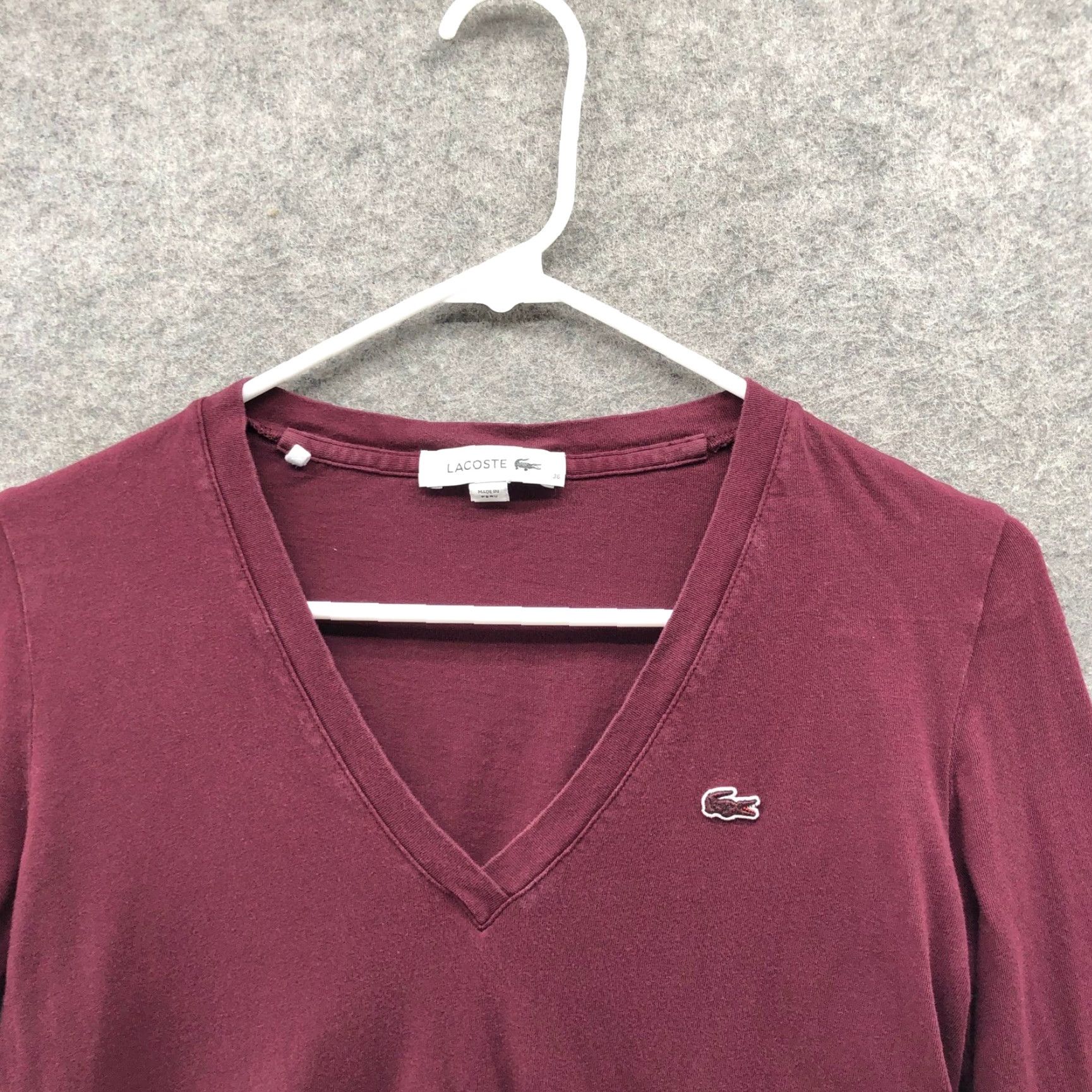 Lacoste Lacoste V-Neck Tee Womens S Burgundy Long Sleeve Cotton Logo T Shirt 100% Cotton Embroidered Crocodile Casual Slim Size XS / US 0-2 / IT 36-38 - 5 Thumbnail