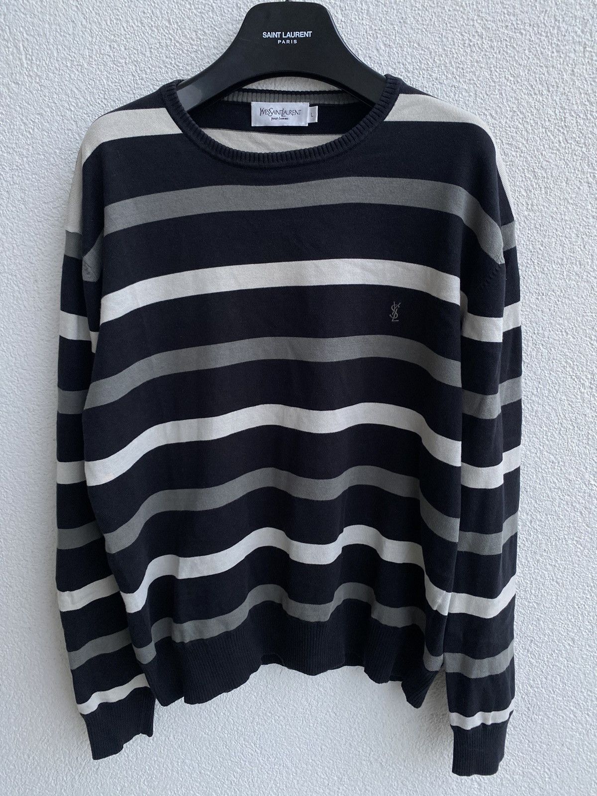 Yves Saint Laurent Black YSL Crewneck Striped Vintage Sweatshirt Size US L / EU 52-54 / 3 - 2 Thumbnail