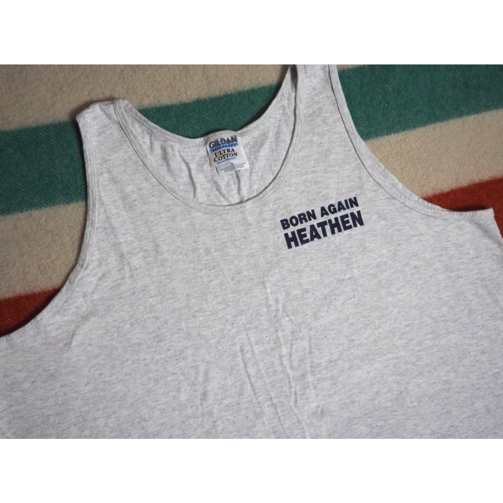 Gildan VINTAGE Gildan T-Shirt Shirt XL Gray Tank Top Funny Heathen Joke Graphic Print Size US XL / EU 56 / 4 - 3 Thumbnail