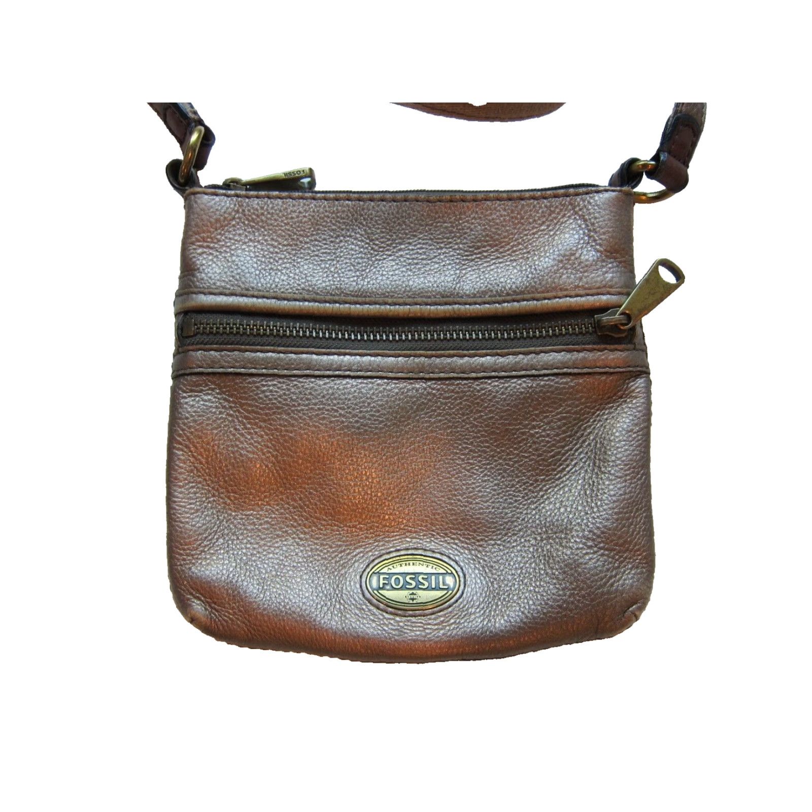 Fossil Fossil Gold Bronze 100% Leather Crossbody Satchel Purse Bag Small Zipper Pocket Handbag Size ONE SIZE - 3 Thumbnail