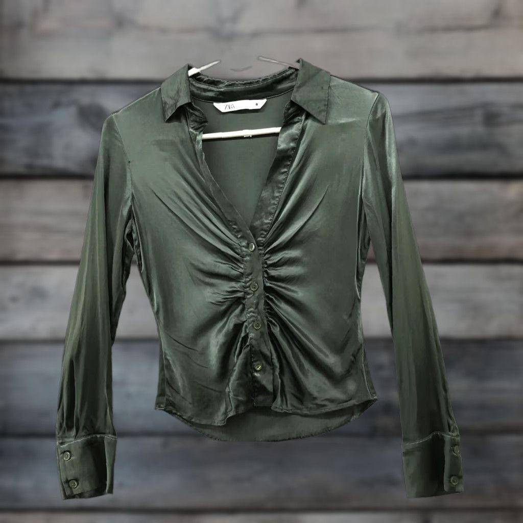 Zara VINTAGE Zara Satin Shirt Womens XS Ruched Front Collared Fitted Button V-Neck Stretchy Size XS / US 0-2 / IT 36-38 - 1 Thumbnail