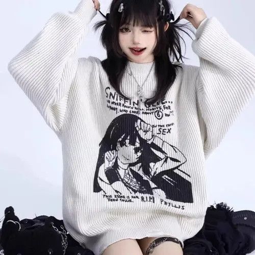 image of Vintage Houzhou Y2K Harajuku Anime Knit Sweater Women in White