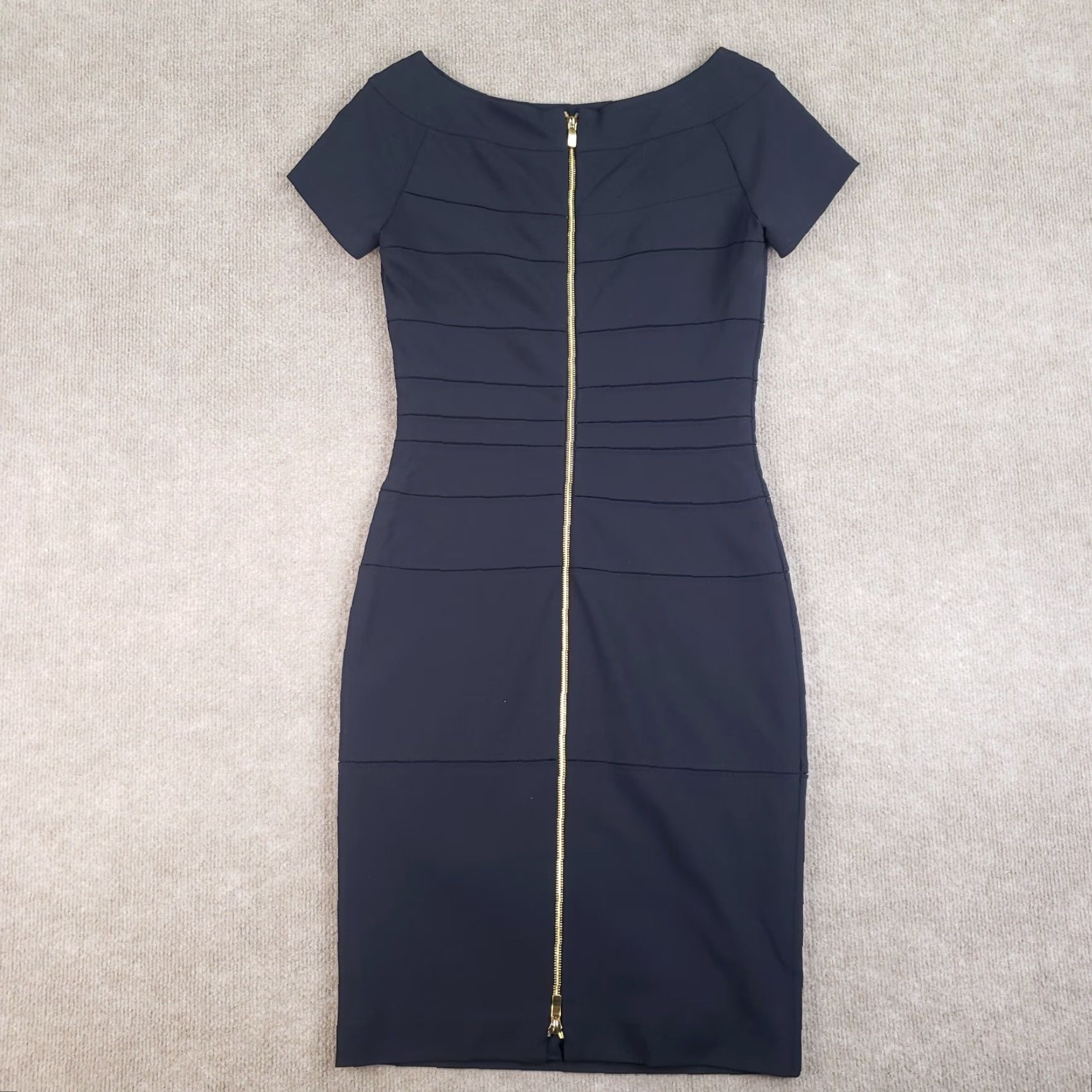 Escada ESCADA Shift Dress Women 34 Blue Midi Short Sleeve Zip Luxurious Solid Stretch Viscose Spandex Polyamide Size 24" / US 00 / IT 34 - 7 Thumbnail