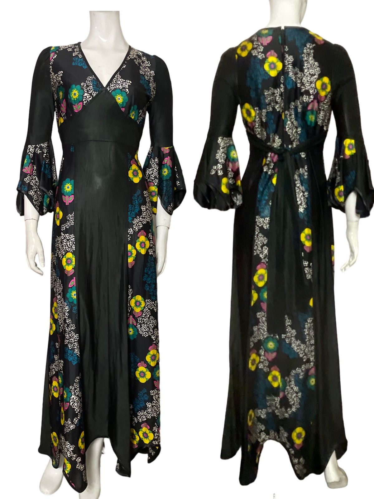 image of 1970S Vintage Maxi Bell Sleeve Dress in Black, Women's (Size Small)