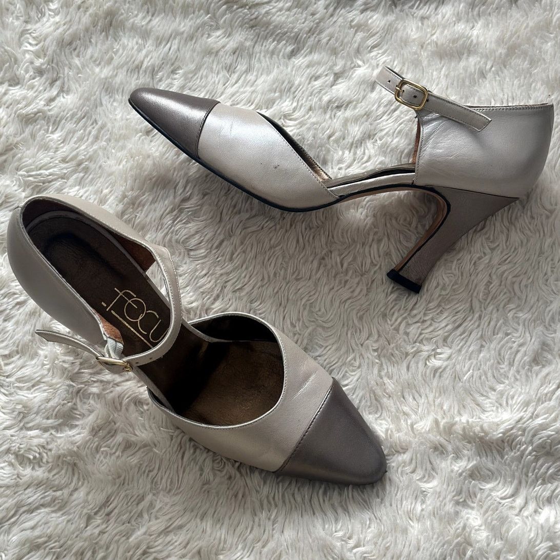 Handmade Pumps Mid Heel Mary Jane Sandalss Pointed Toe Retro Sandals Grey/Coffee